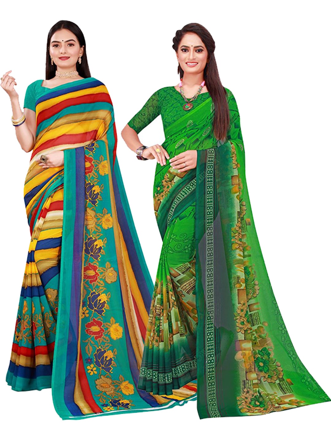 

SAADHVI Pack Of 2 Pure Georgette Sarees, Green