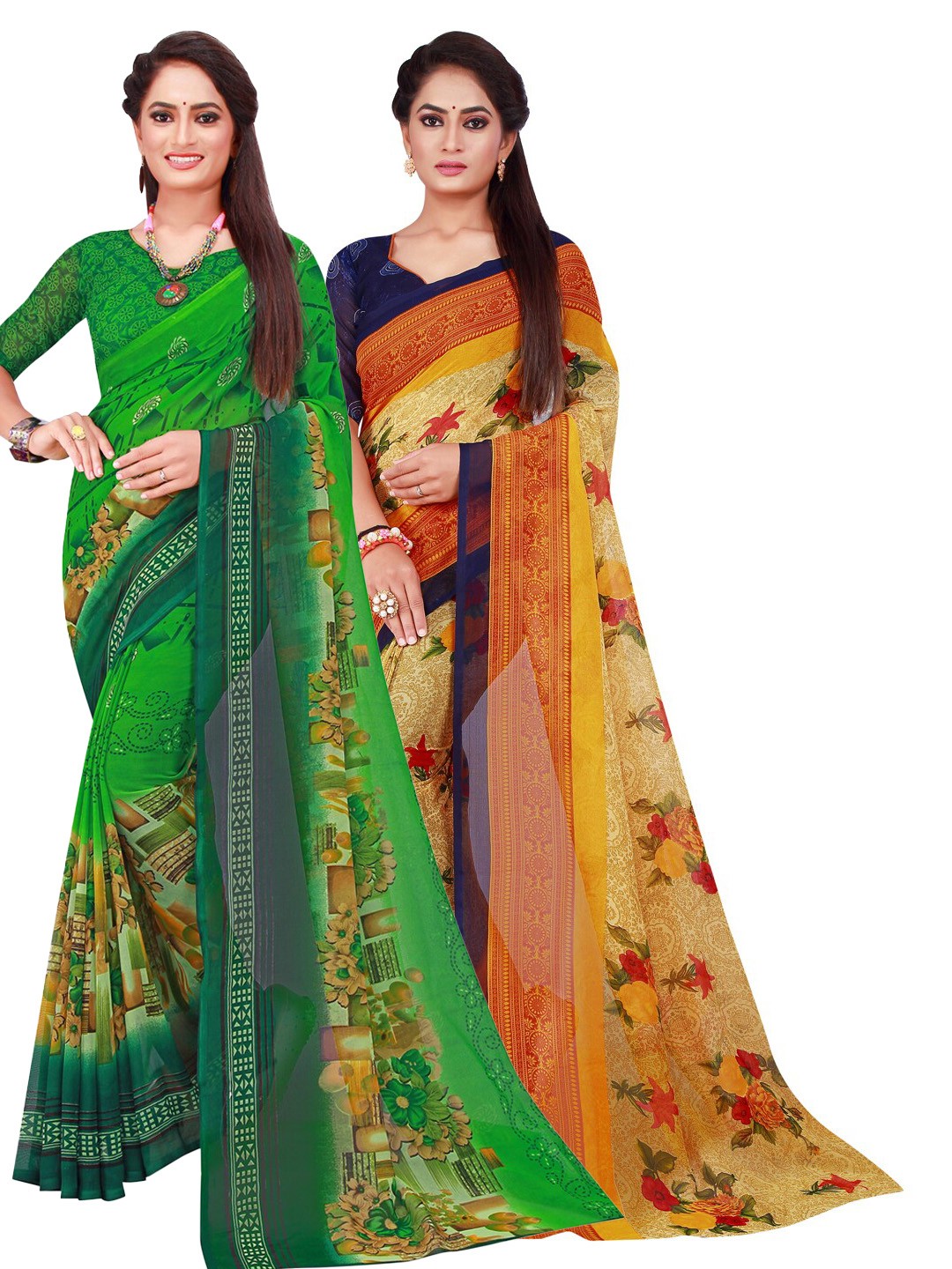 

SAADHVI Green & Yellow Pack of 2 Printed Pure Georgette Saree