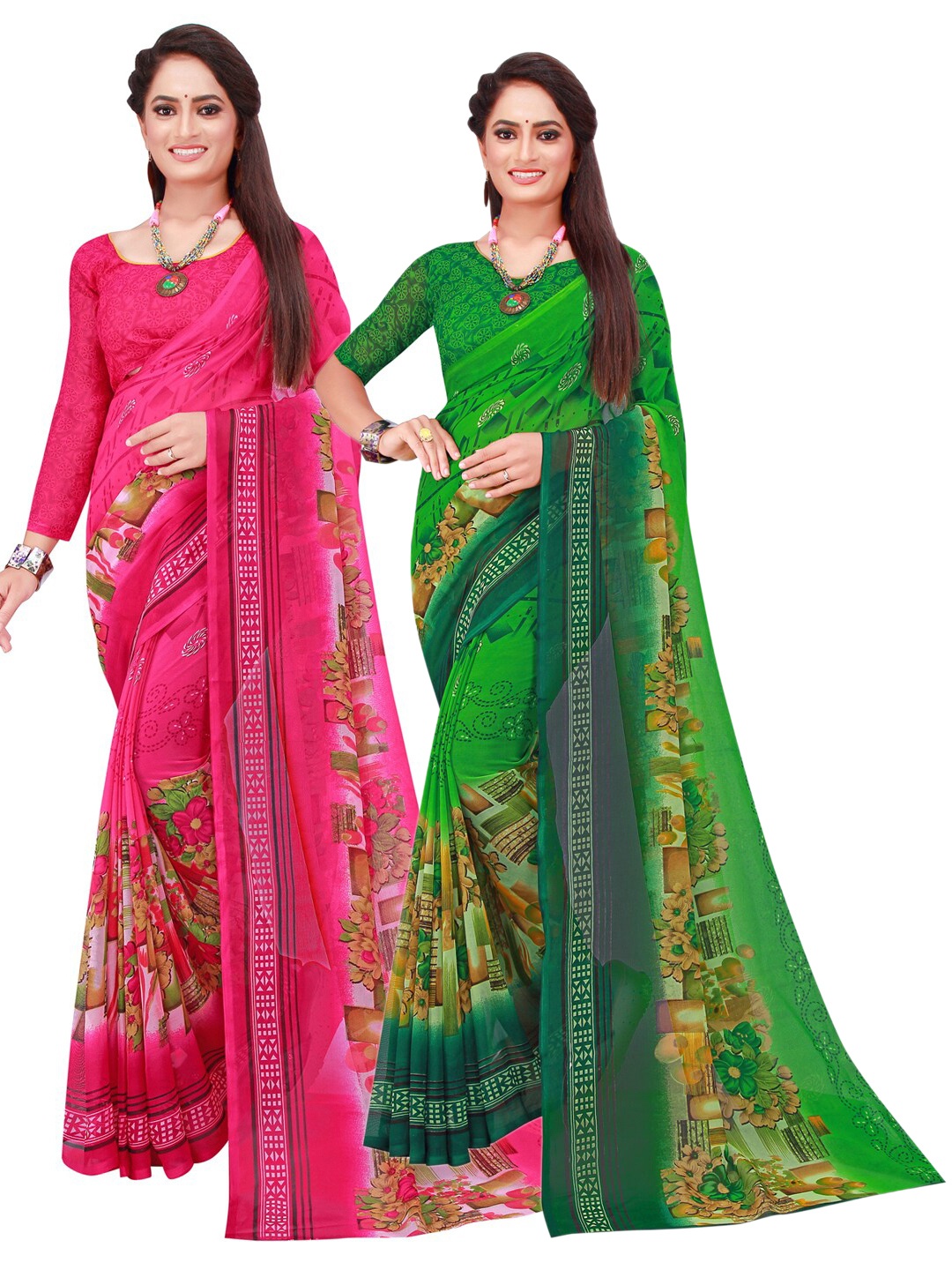 

SAADHVI Green & Pink Set Of 2 Pure Georgette Saree