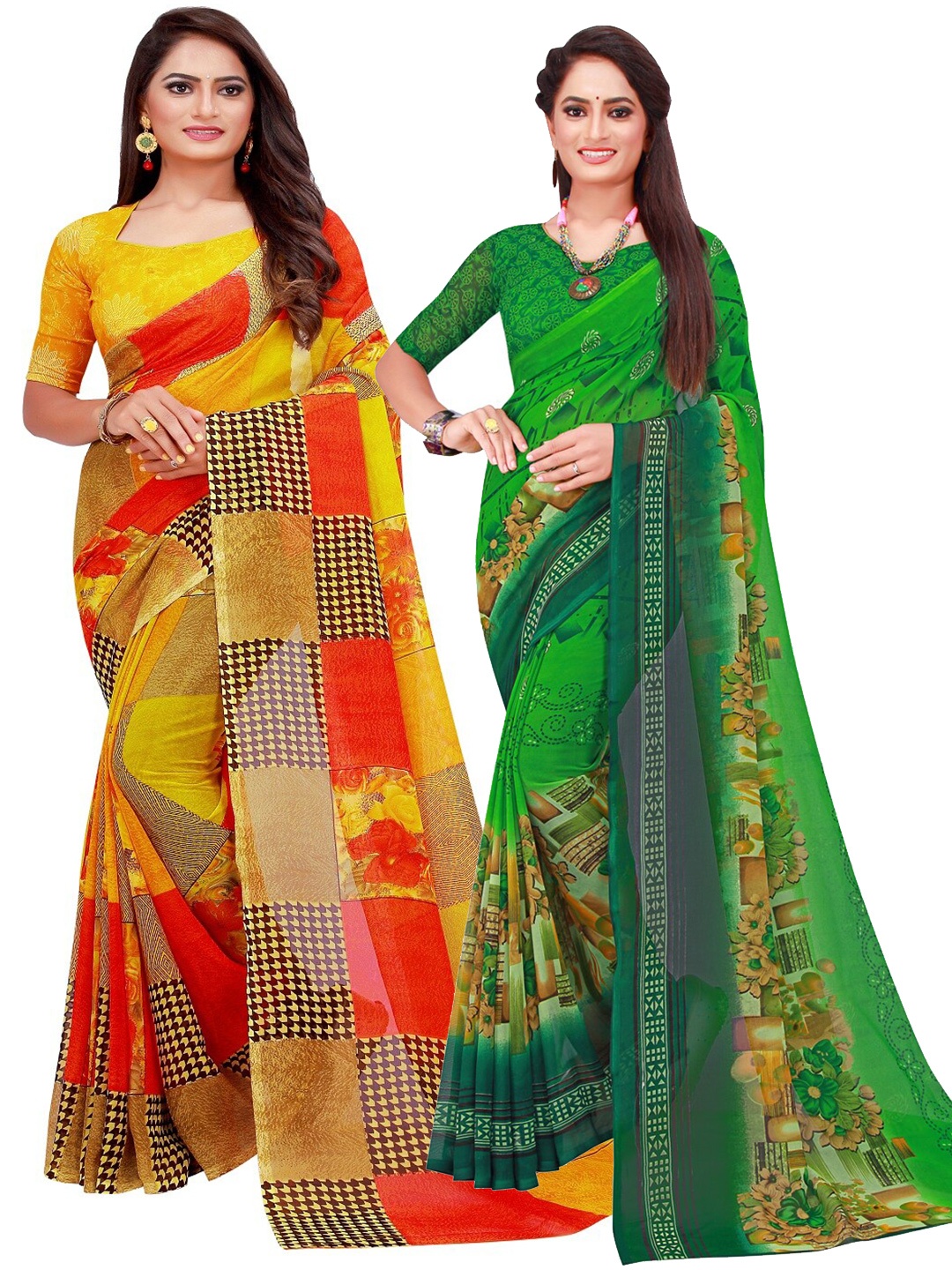 

SAADHVI Green & Yellow Pack of 2 Printed Pure Georgette Saree