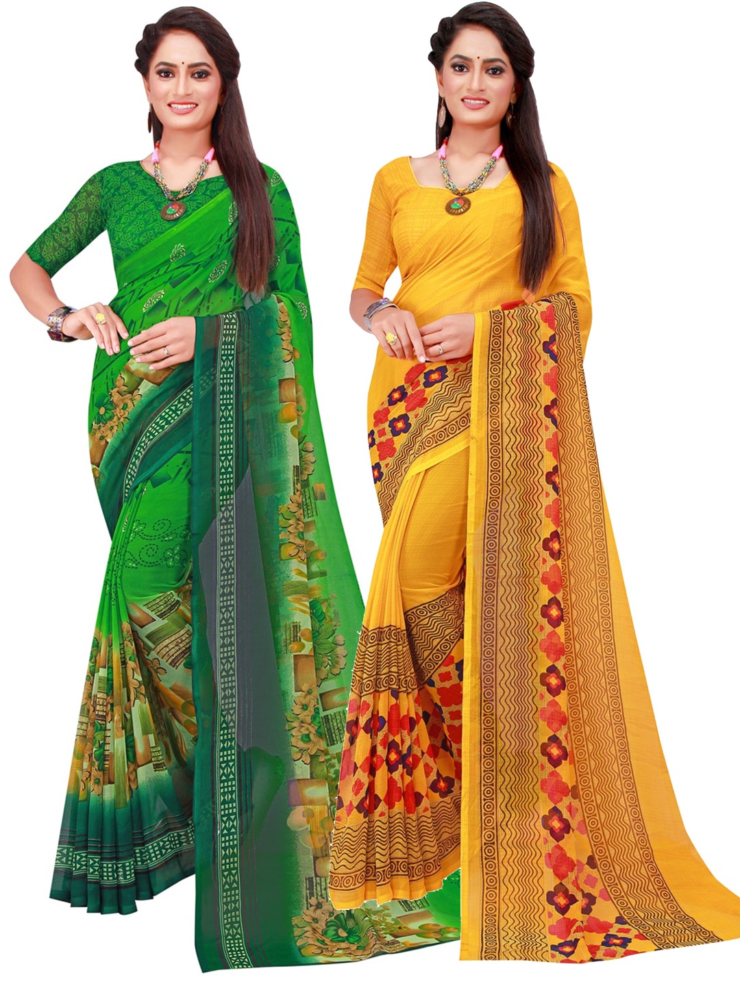 

SAADHVI Green & Red Floral Pack Of 2 Pure Georgette Sarees