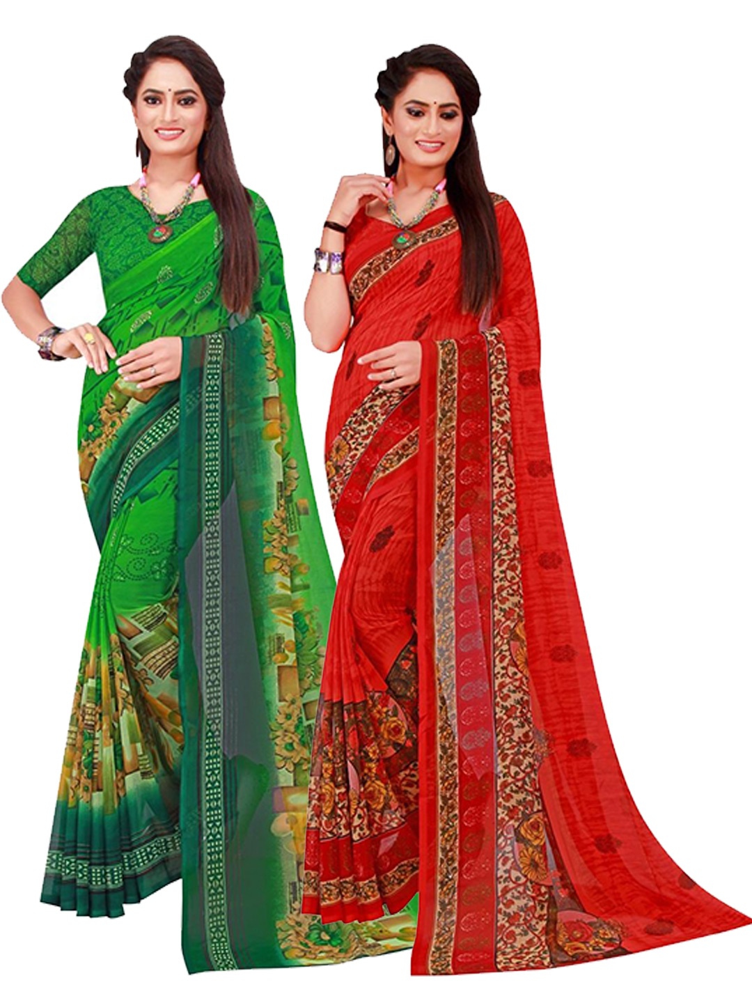

SAADHVI Set Of 2 Green & Red Floral Pure Georgette Saree