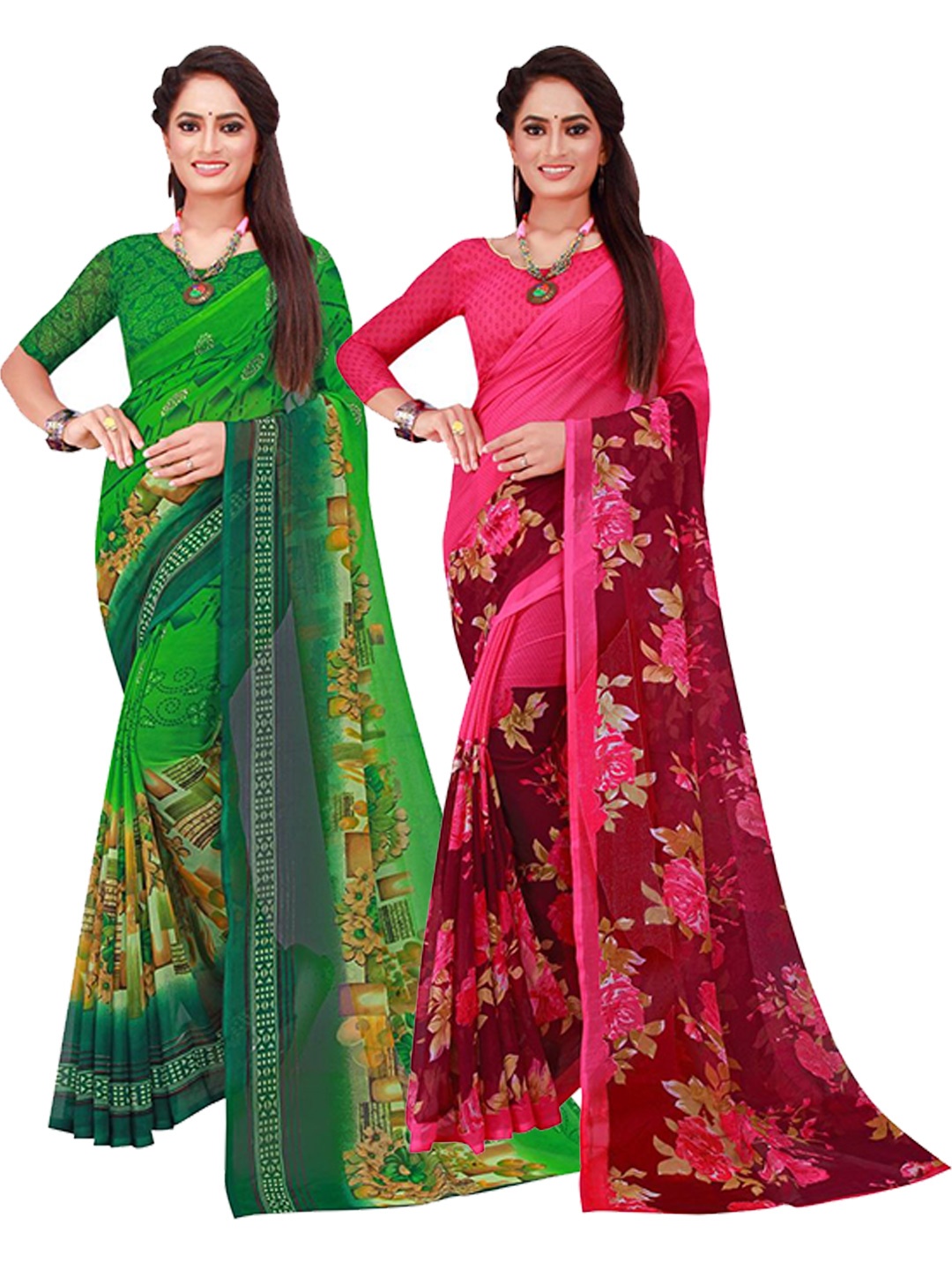 

SAADHVI Green & Pink Set Of 2 Pure Georgette Saree
