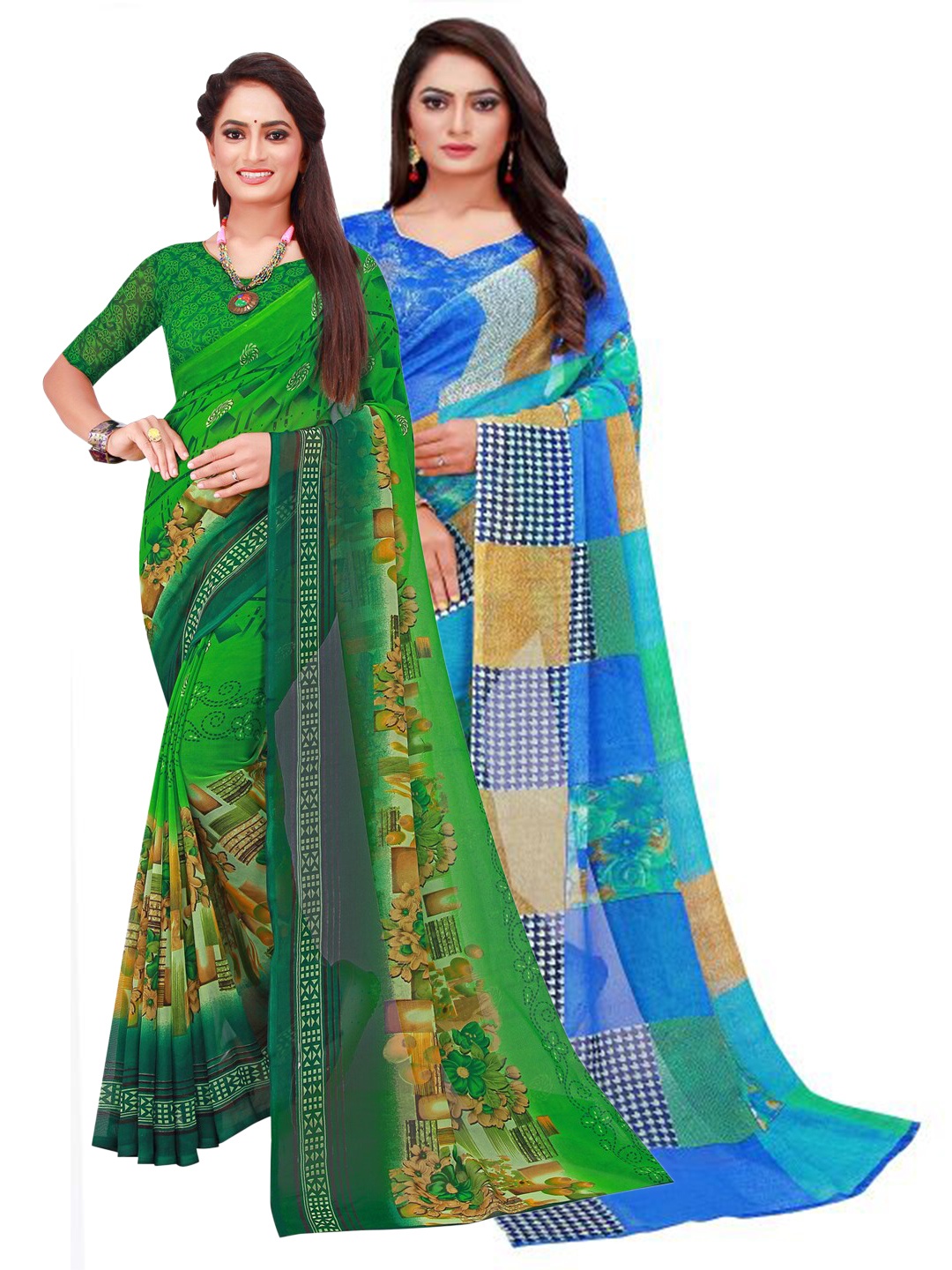 

SAADHVI Green & Blue Pack of 2 Printed Pure Georgette Saree