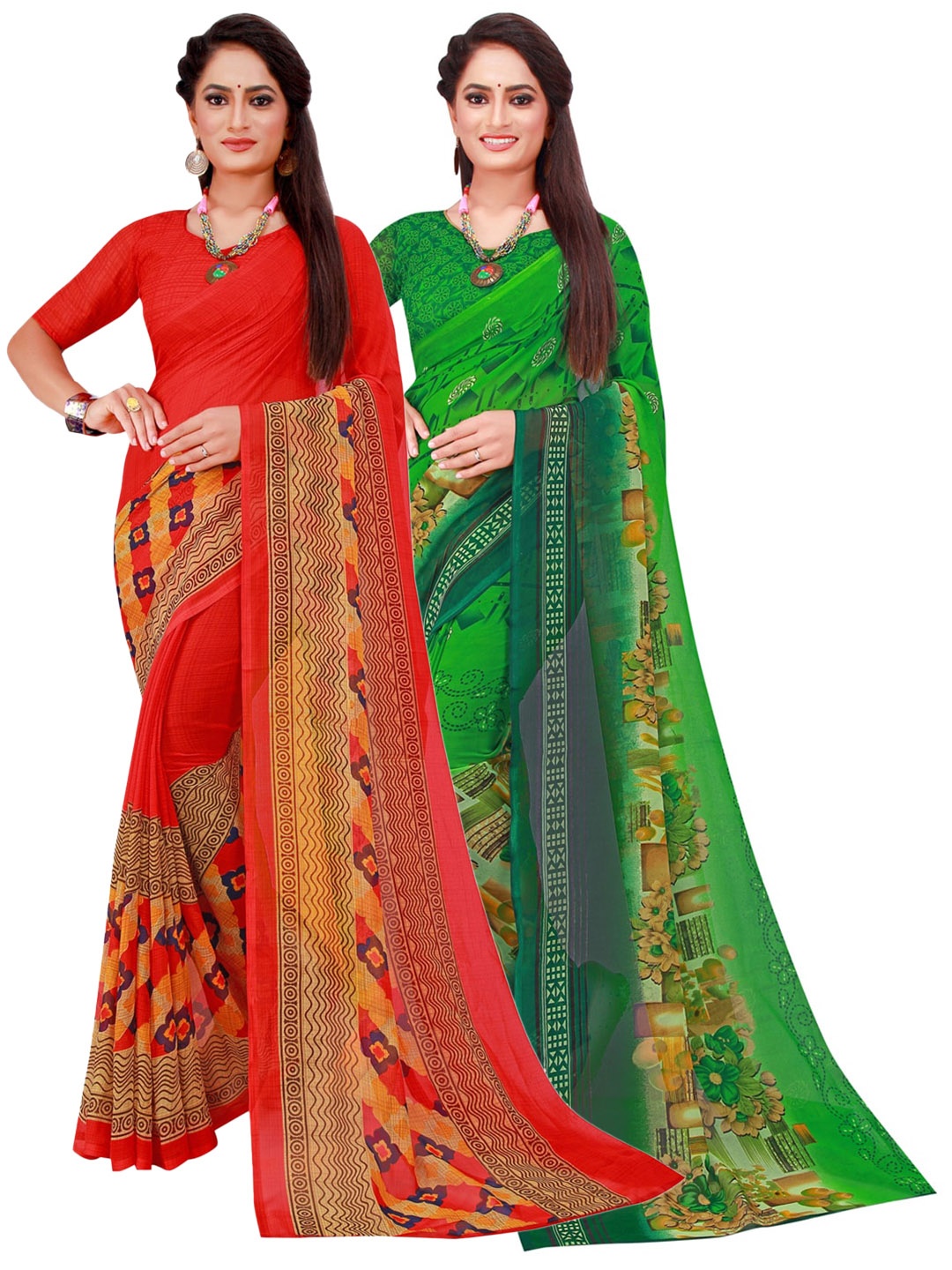 

SAADHVI Green & Red Set Of 2 Pure Georgette Saree