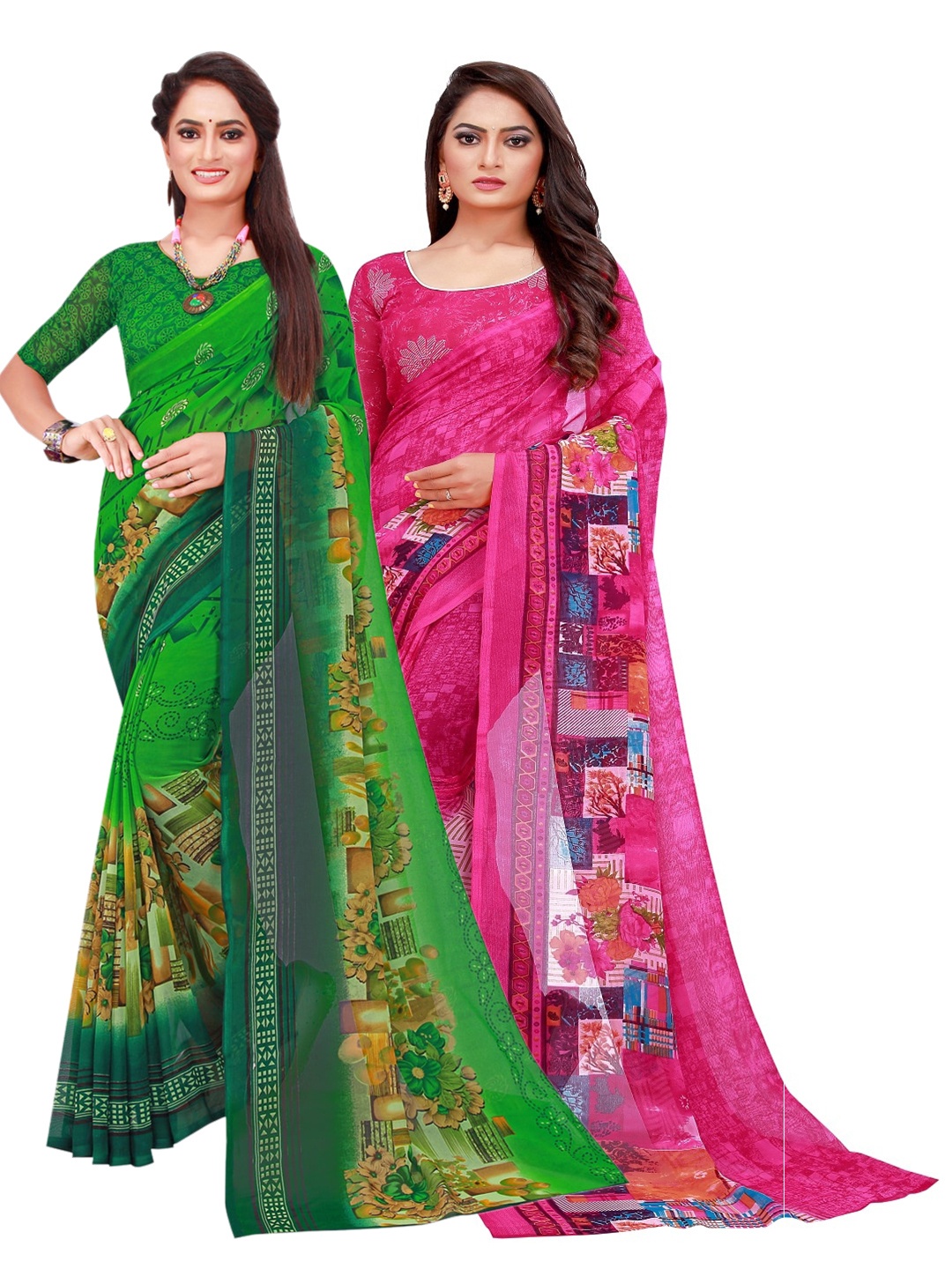 SAADHVI Green & Pink Set Of 2 Pure Georgette Saree