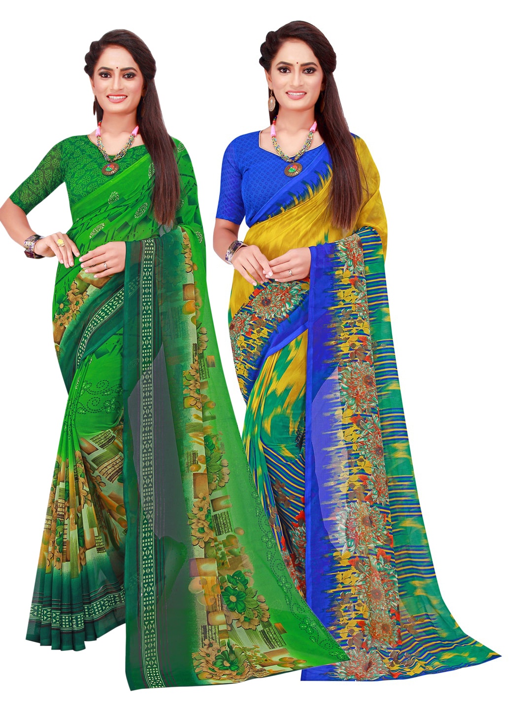 SAADHVI Green & Blue Floral Printed Pure Georgette Saree Pack Of 2