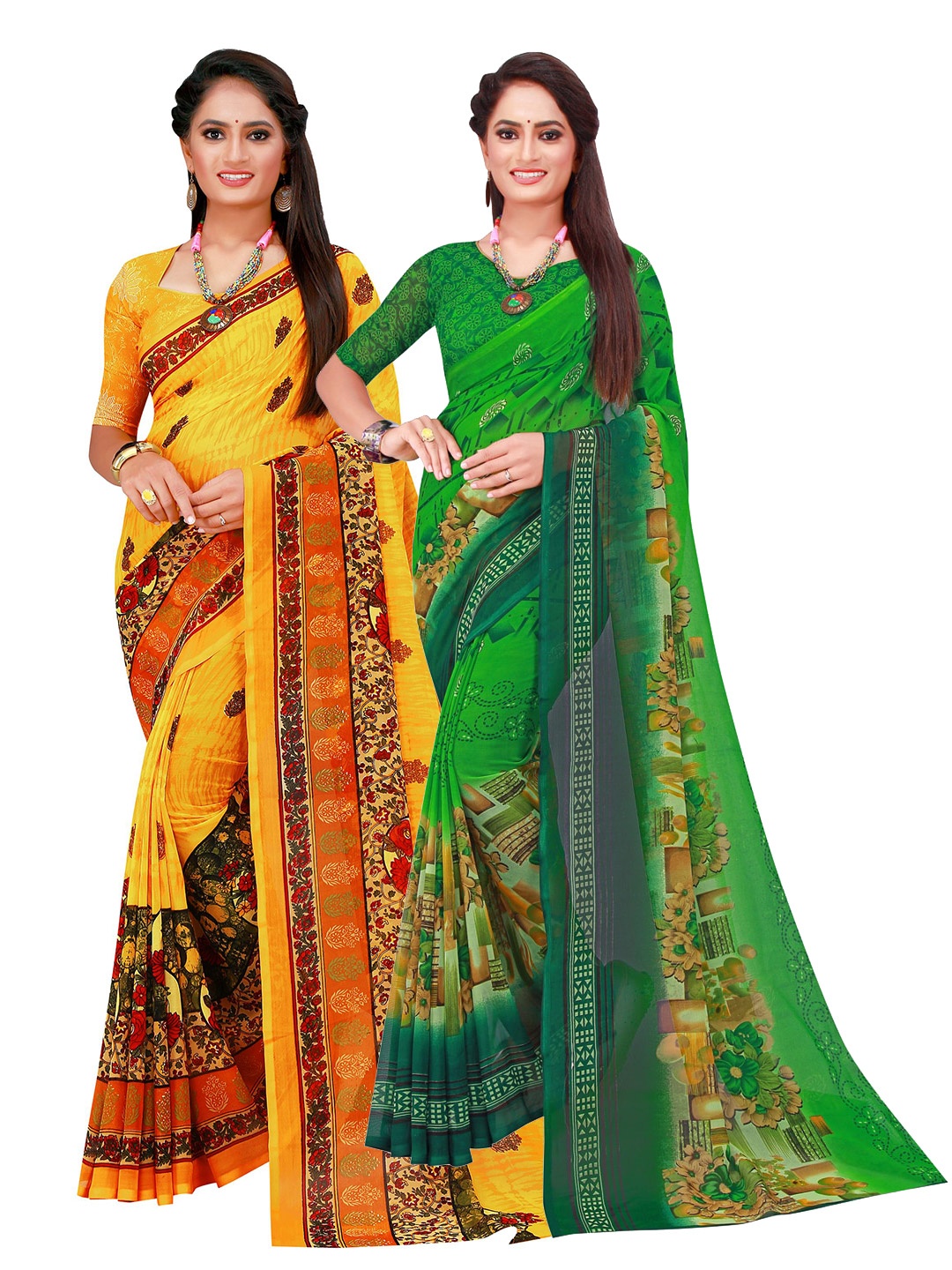 

SAADHVI Green & Yellow Set Of 2 Pure Georgette Saree