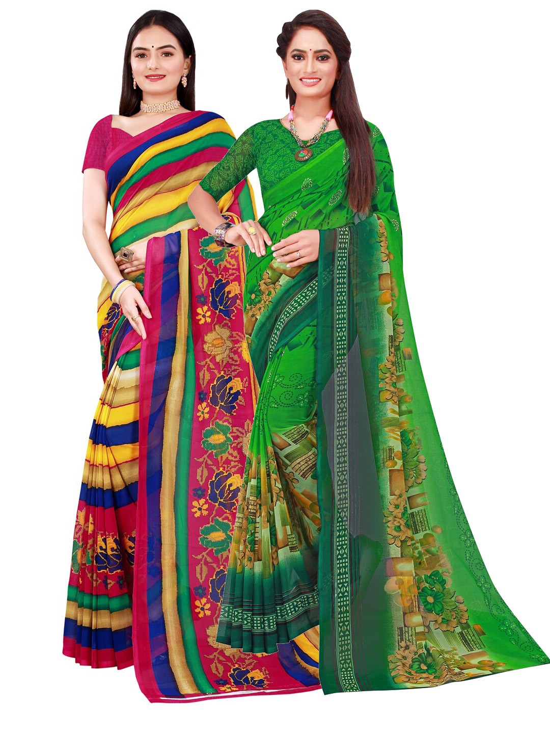 

SAADHVI Pack Of 2 Pure Georgette Sarees, Green
