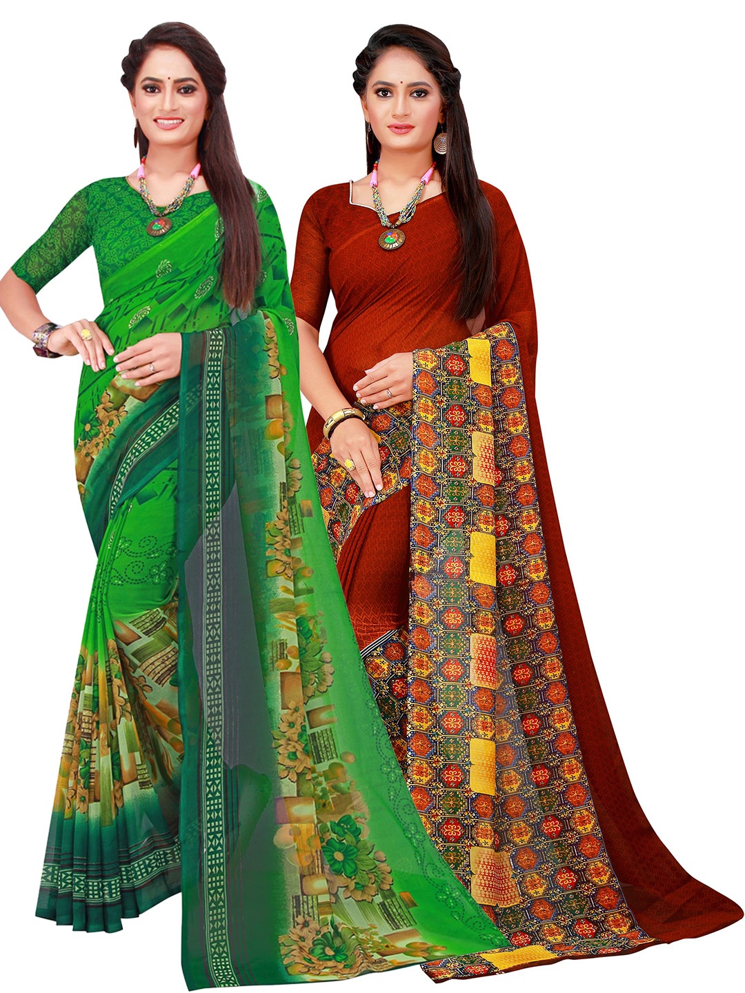 

SAADHVI Green & Brown Set Of 2 Pure Georgette Saree