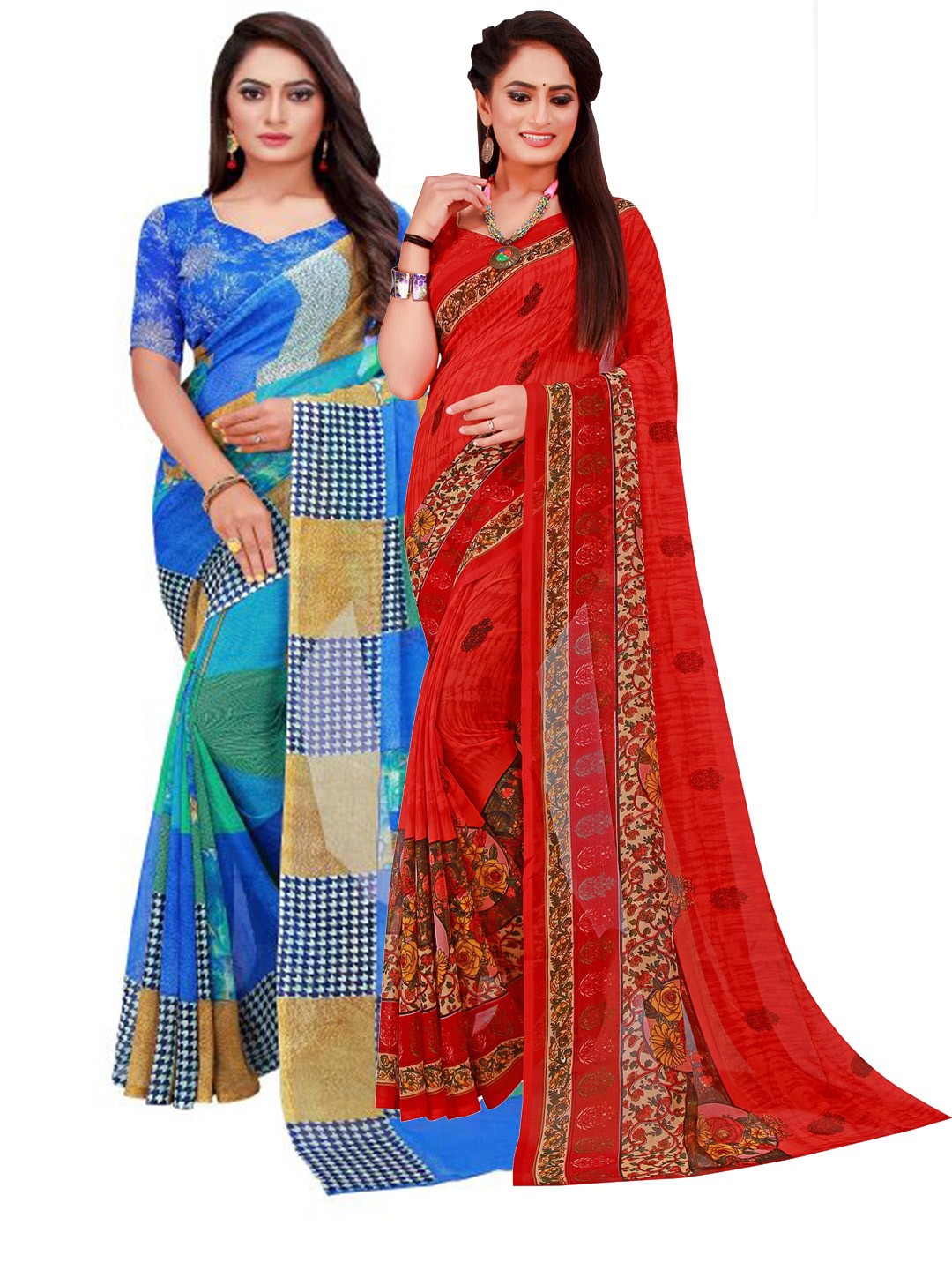 

SAADHVI Blue & Red Set Of 2 Pure Georgette Saree