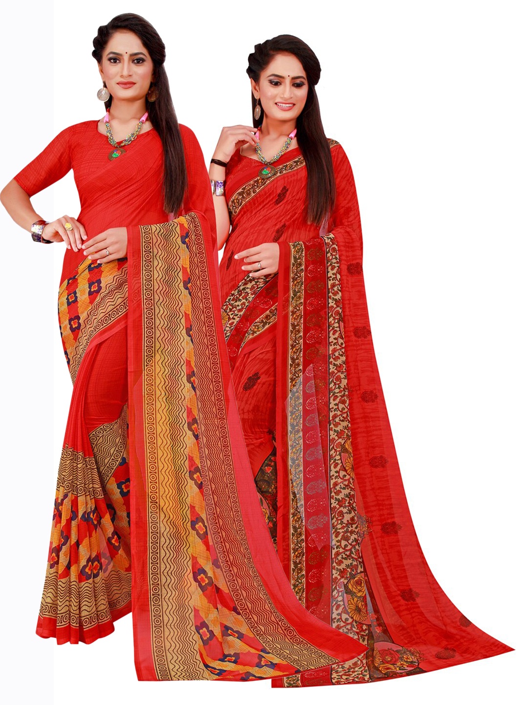 

SAADHVI Red & Yellow Set Of 2 Pure Georgette Saree