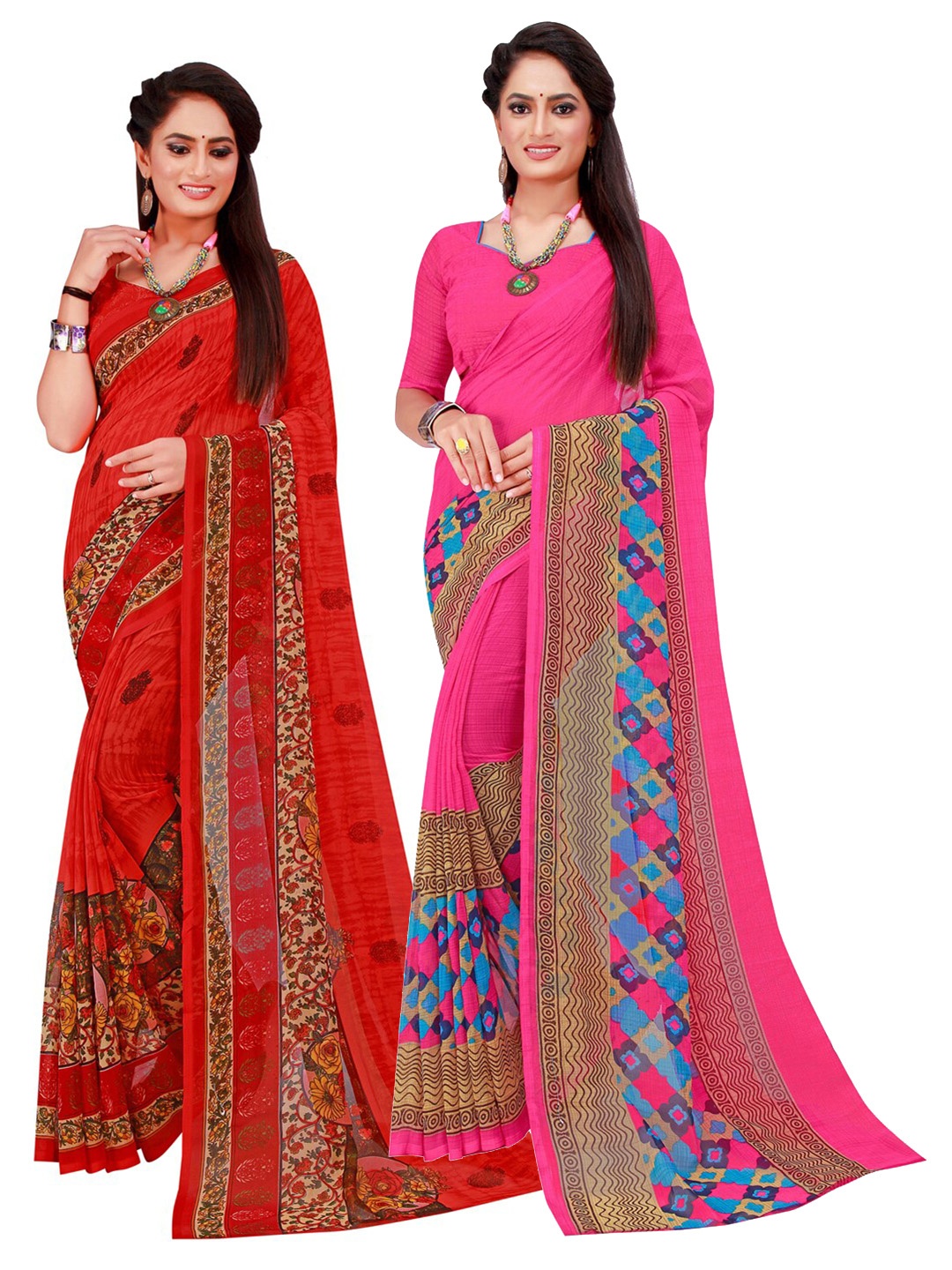 

SAADHVI Magenta & Set Of 2 Blue Pure Georgette Saree