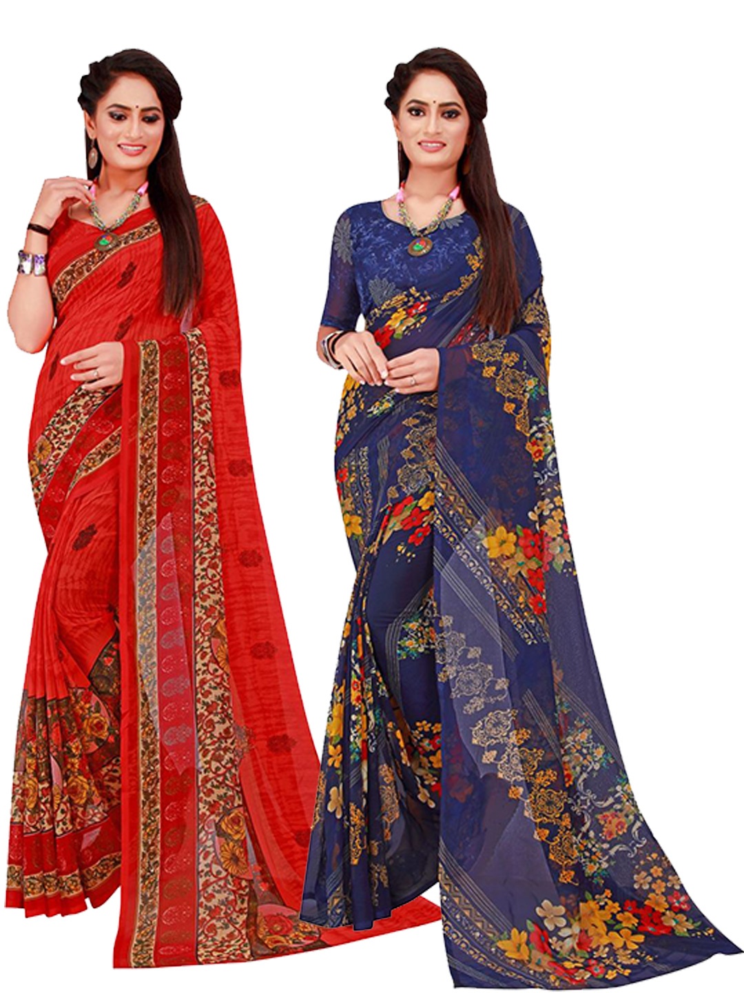 

SAADHVI Red & Blue Set Of 2 Pure Georgette Saree