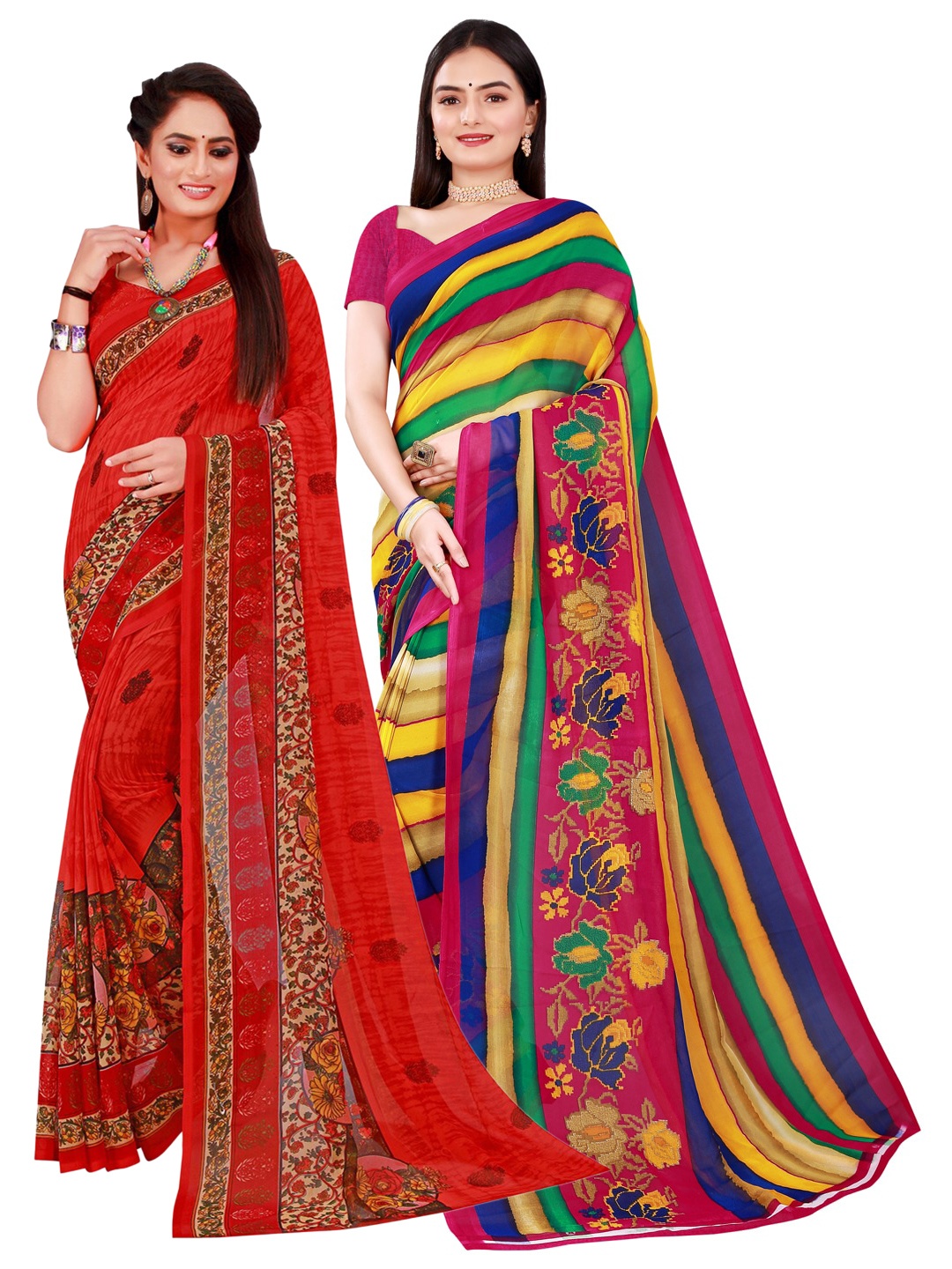 

SAADHVI Pink & Red Set Of 2 Pure Georgette Saree