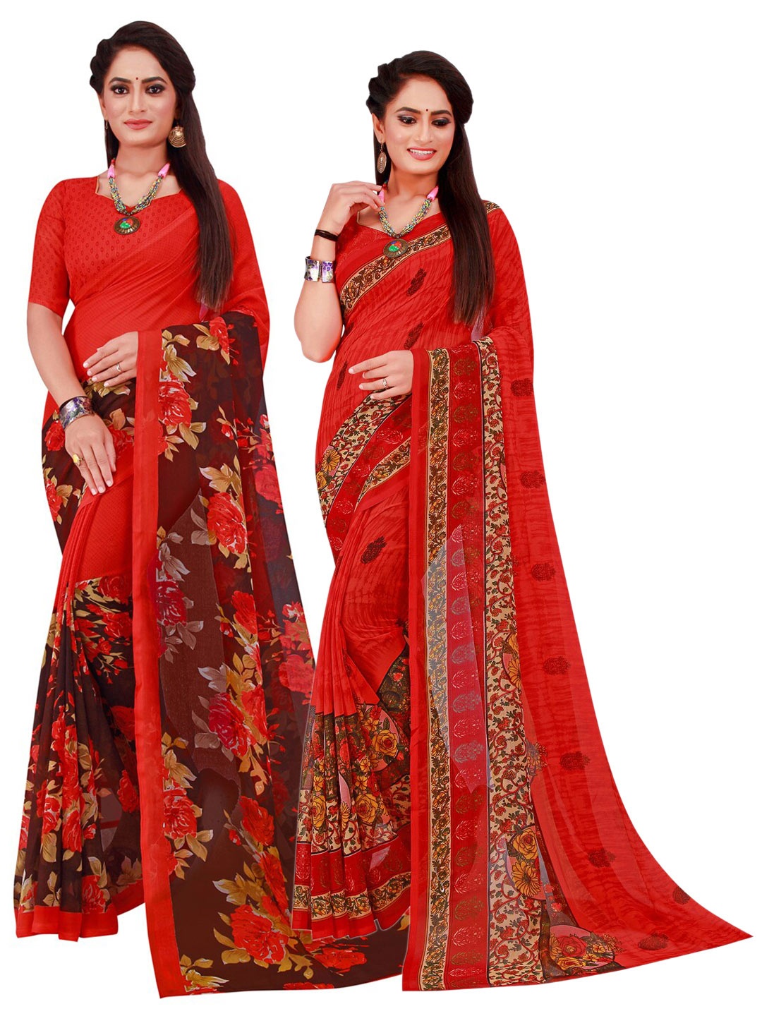 

SAADHVI Red & Brown Set Of 2 Floral Pure Georgette Saree
