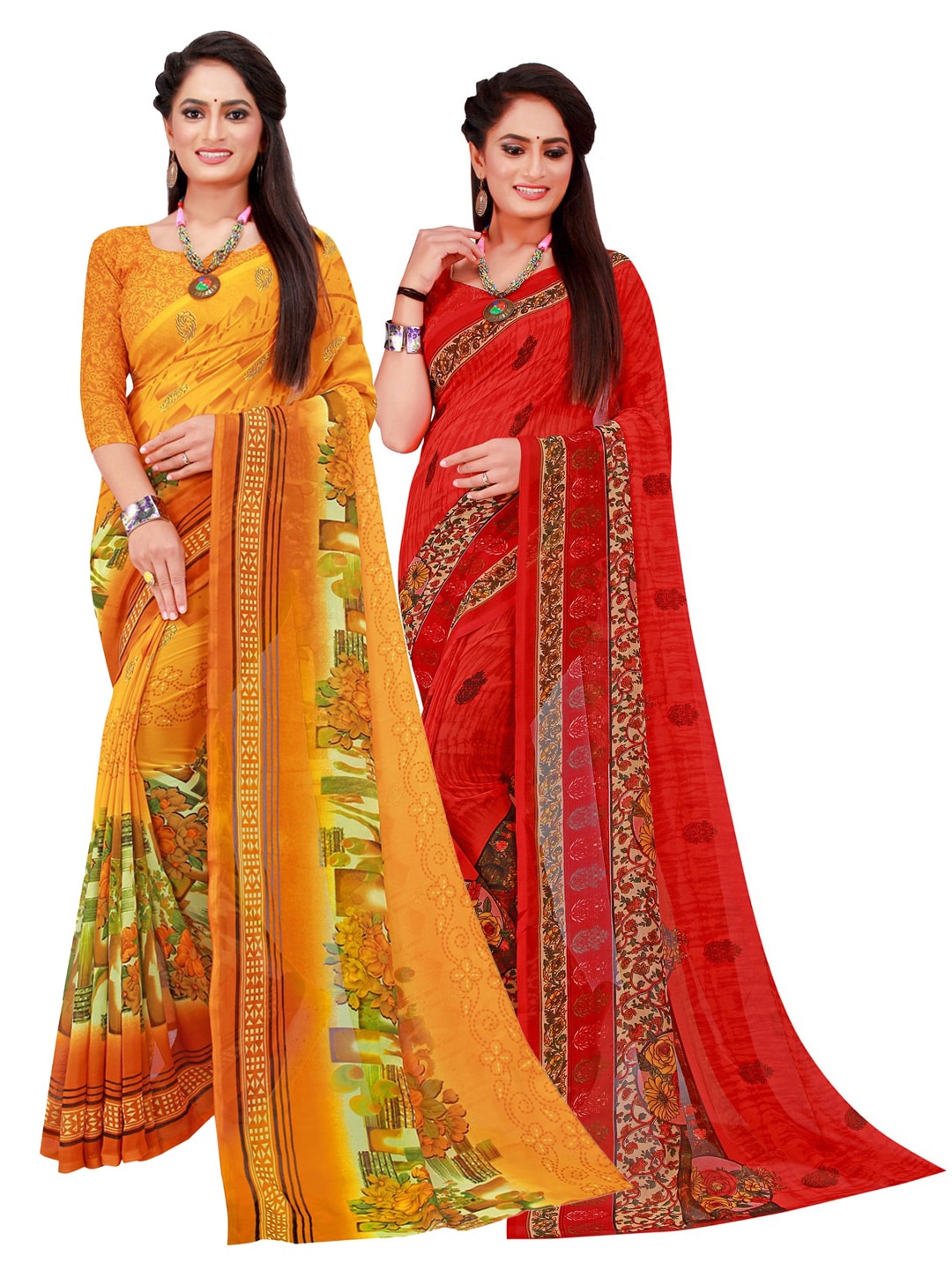 SAADHVI Pack Of 2 Red & Yellow Floral Printed Pure Georgette Saree