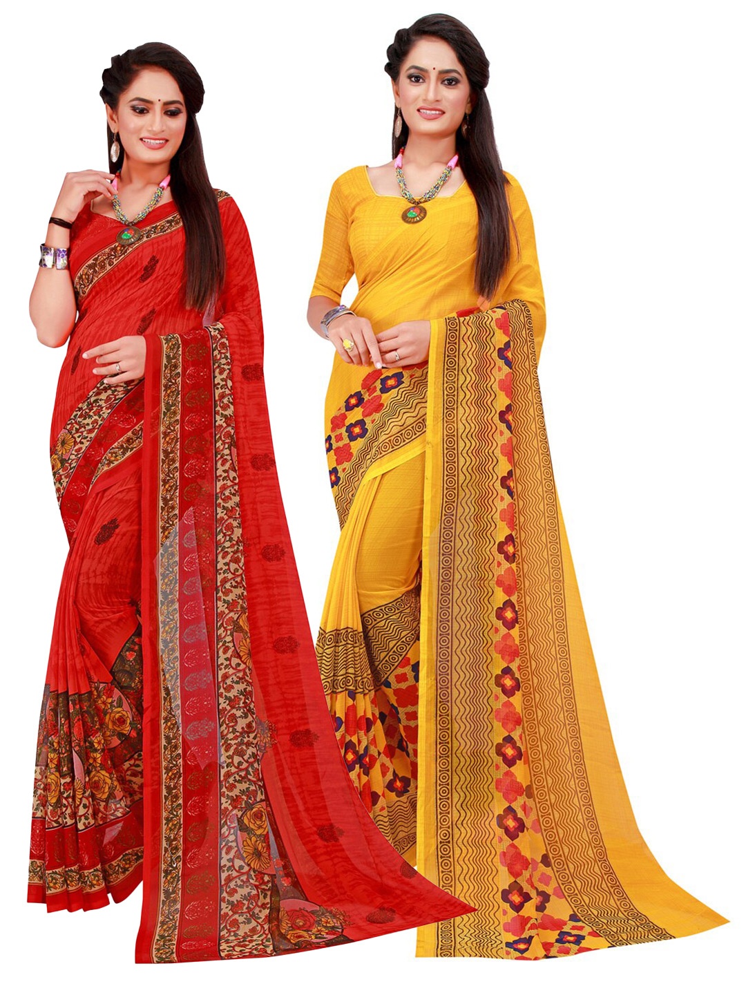 SAADHVI Yellow & Red Set Of 2 Pure Georgette Saree