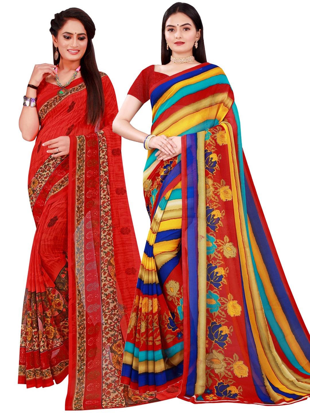 SAADHVI Red & Yellow Pack of 2 Printed Pure Georgette Saree