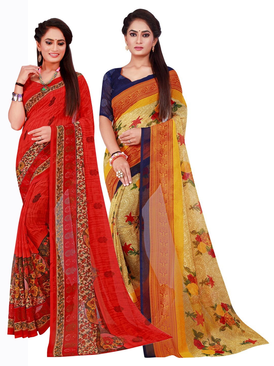 

SAADHVI Red & Blue Set Of 2 Pure Georgette Saree