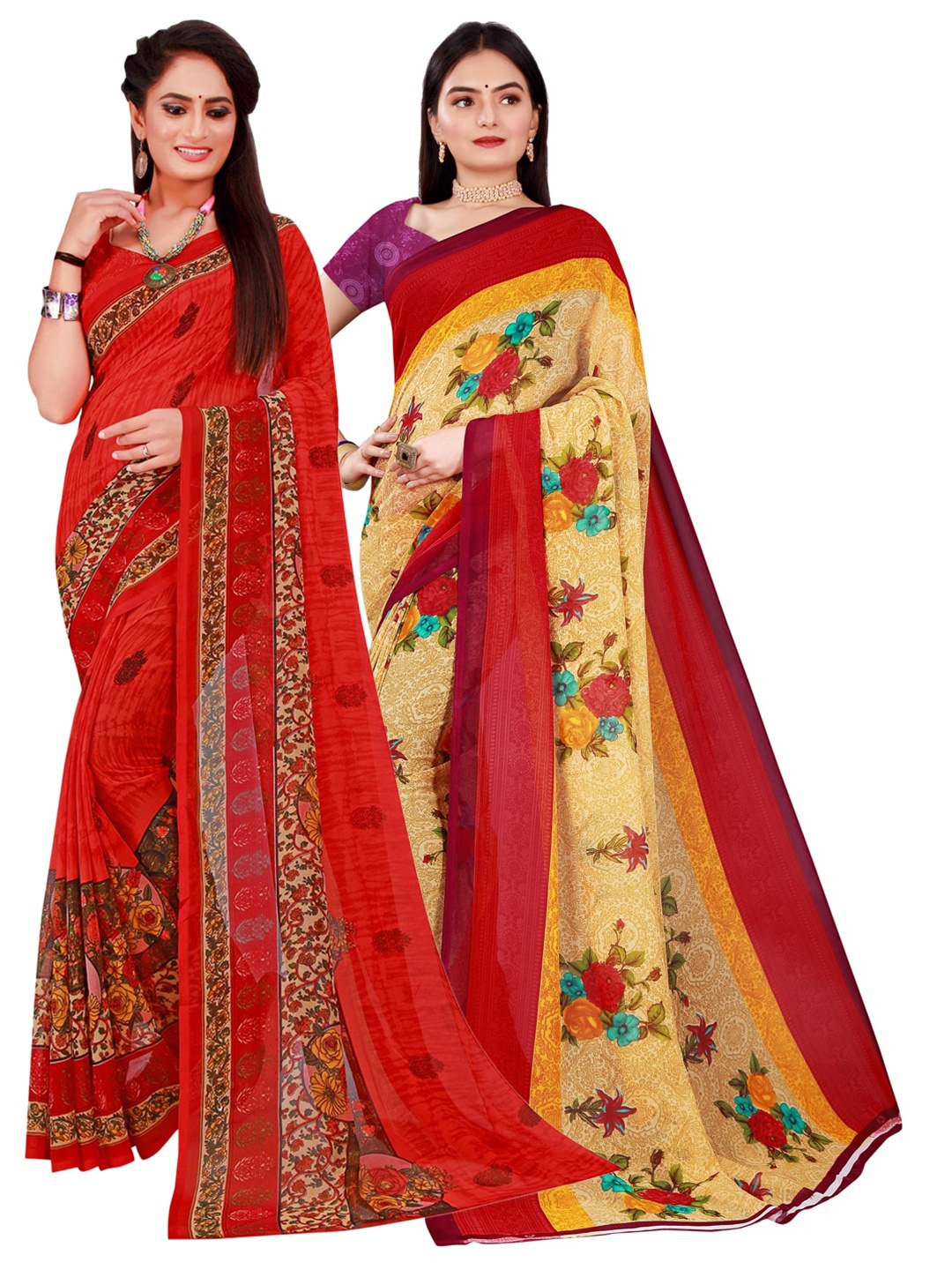 

SAADHVI Beige & Red Set Of 2 Floral Pure Georgette Saree