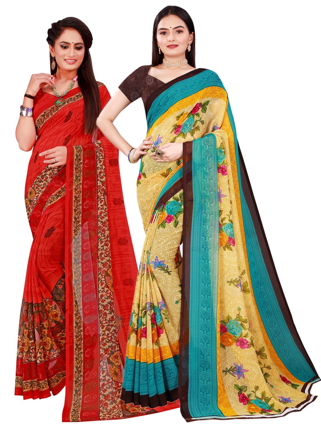 

SAADHVI Red & Beige Floral Pack Of 2 Pure Georgette Sarees