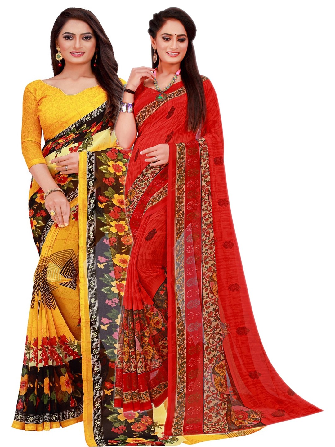 

SAADHVI Yellow & Red Pack of 2 Printed Pure Georgette Saree