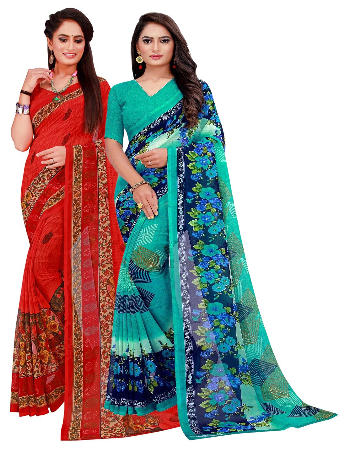 

SAADHVI Turquoise Blue & Red Set Of 2 Floral Pure Georgette Saree