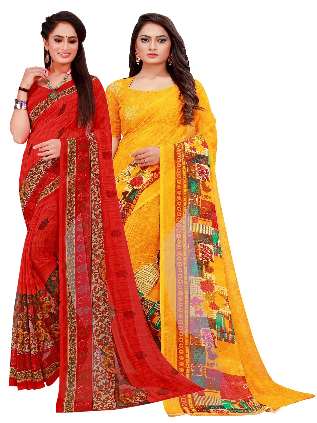 

SAADHVI Red & Yellow Set Of 2 Floral Pure Georgette Saree