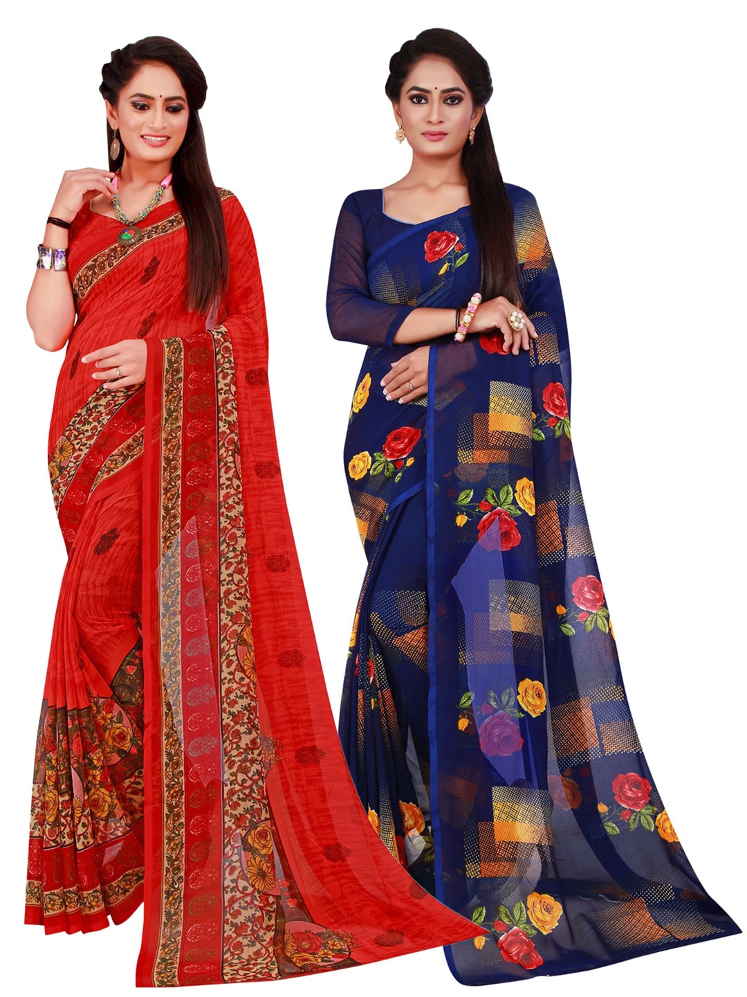 

SAADHVI Red & Blue Pack of 2 Printed Pure Georgette Saree