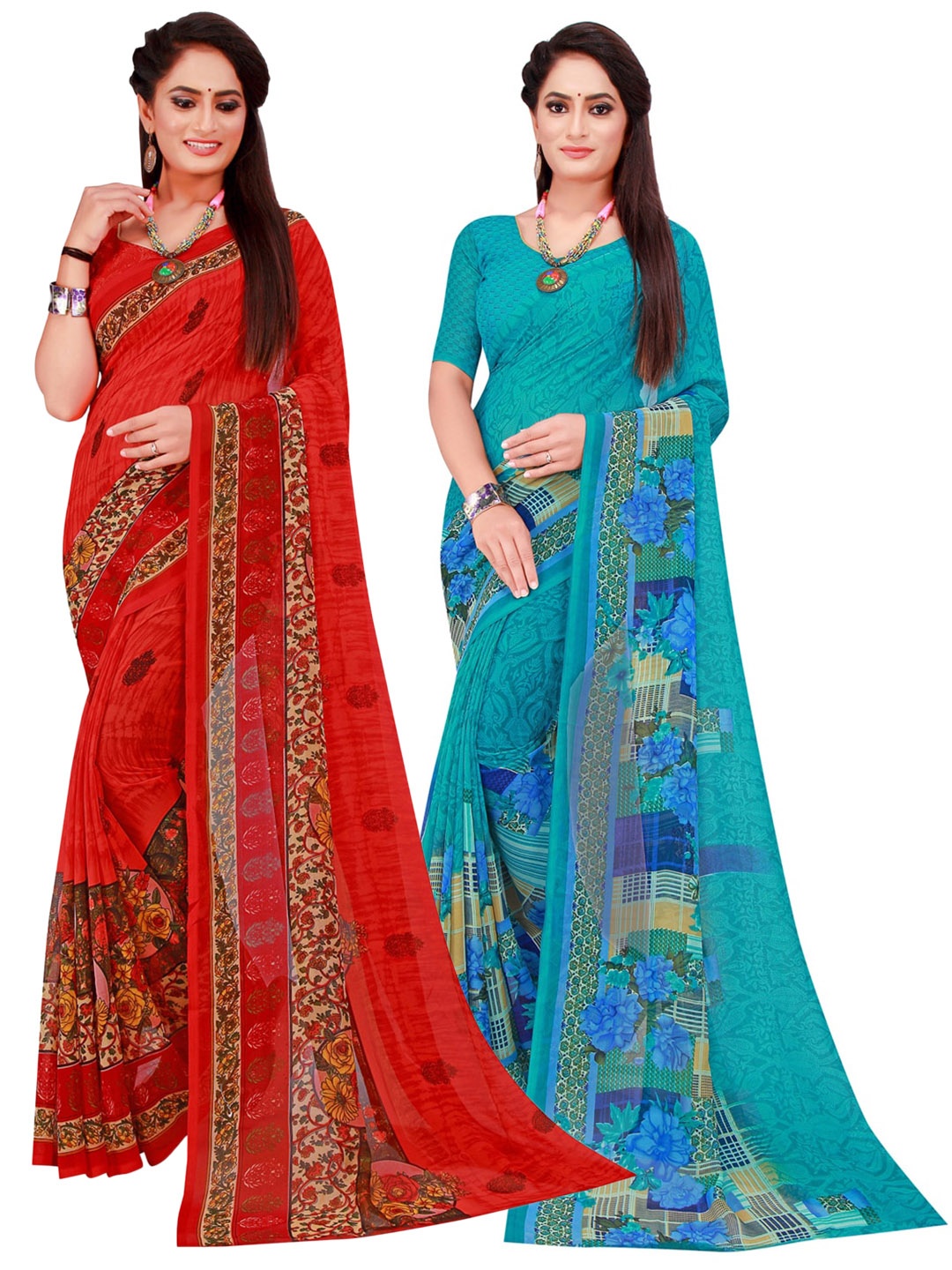 

SAADHVI Turquoise Blue & Red Set Of 2 Pure Georgette Saree