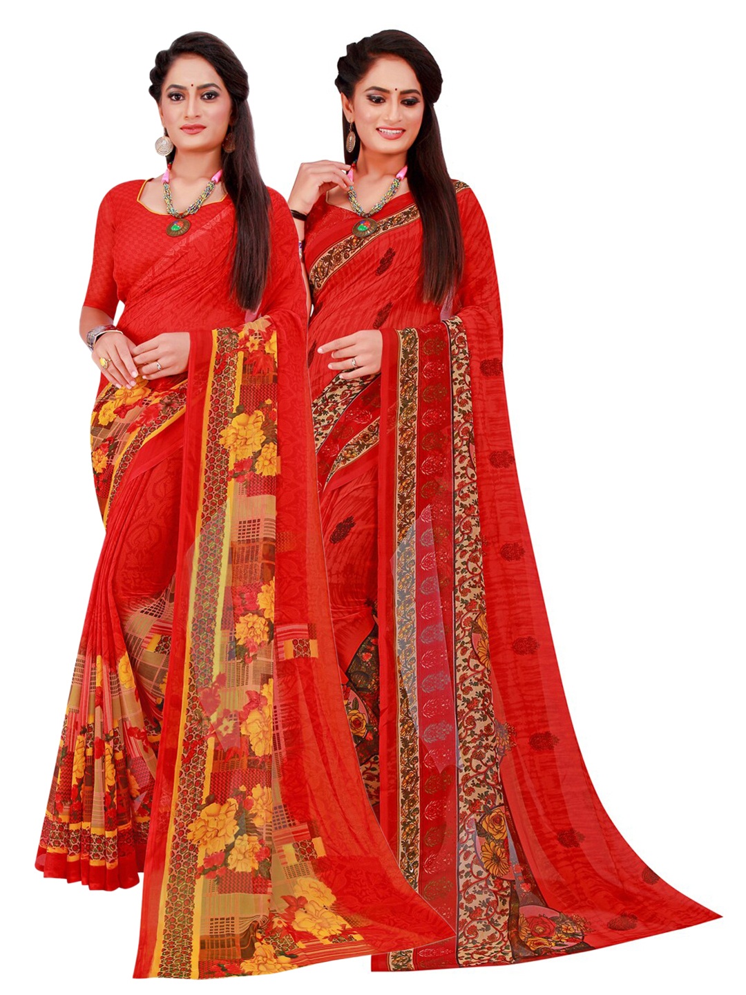 

SAADHVI Red & Pink Pack of 2 Printed Pure Georgette Saree