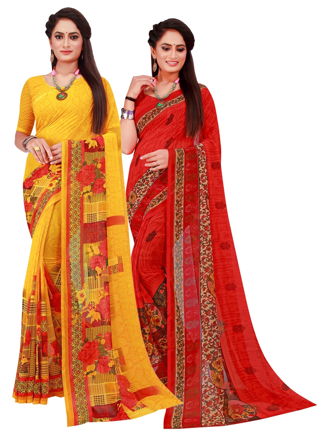 SAADHVI Yellow & Red Set Of 2 Pure Georgette Saree