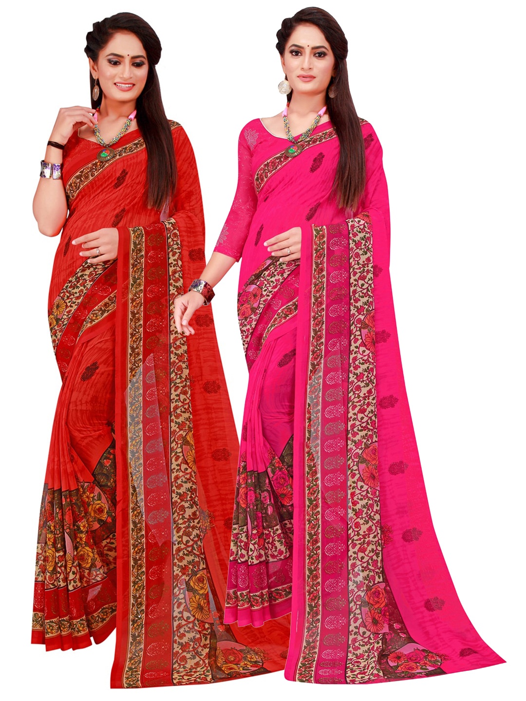 

SAADHVI Red & Magenta Set Of 2 Pure Georgette Saree