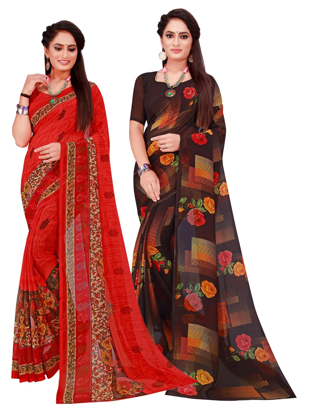 

SAADHVI Pack Of 2 Pure Georgette Sarees, Red
