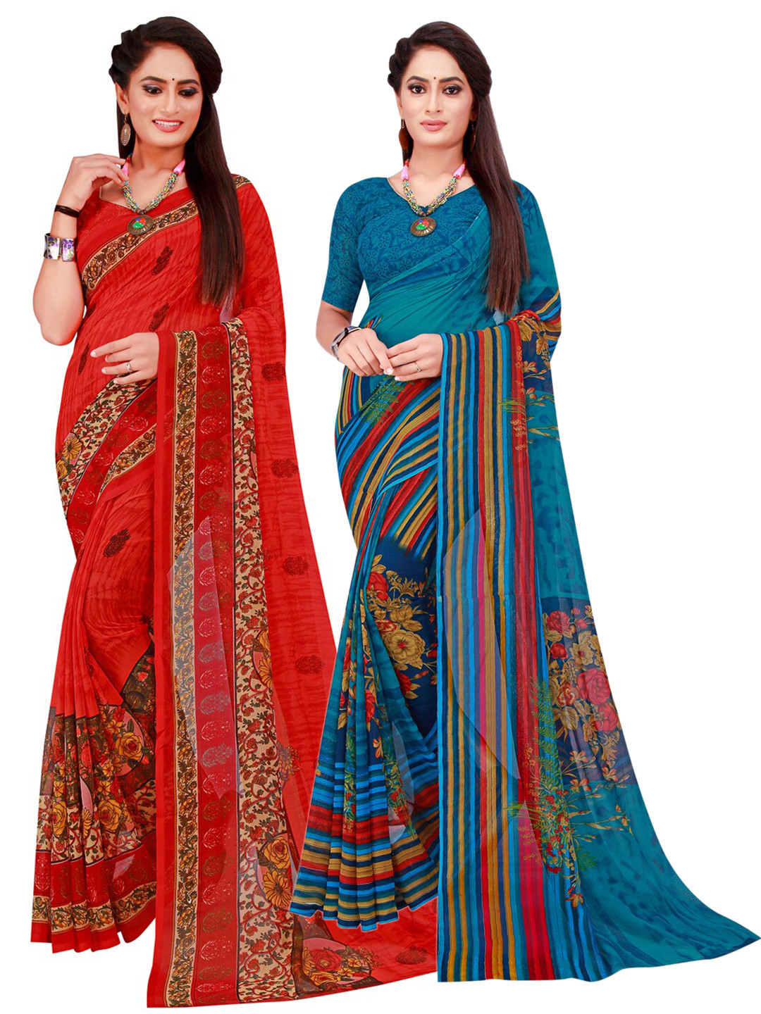 

SAADHVI Red & Blue Pack of 2 Printed Pure Georgette Saree