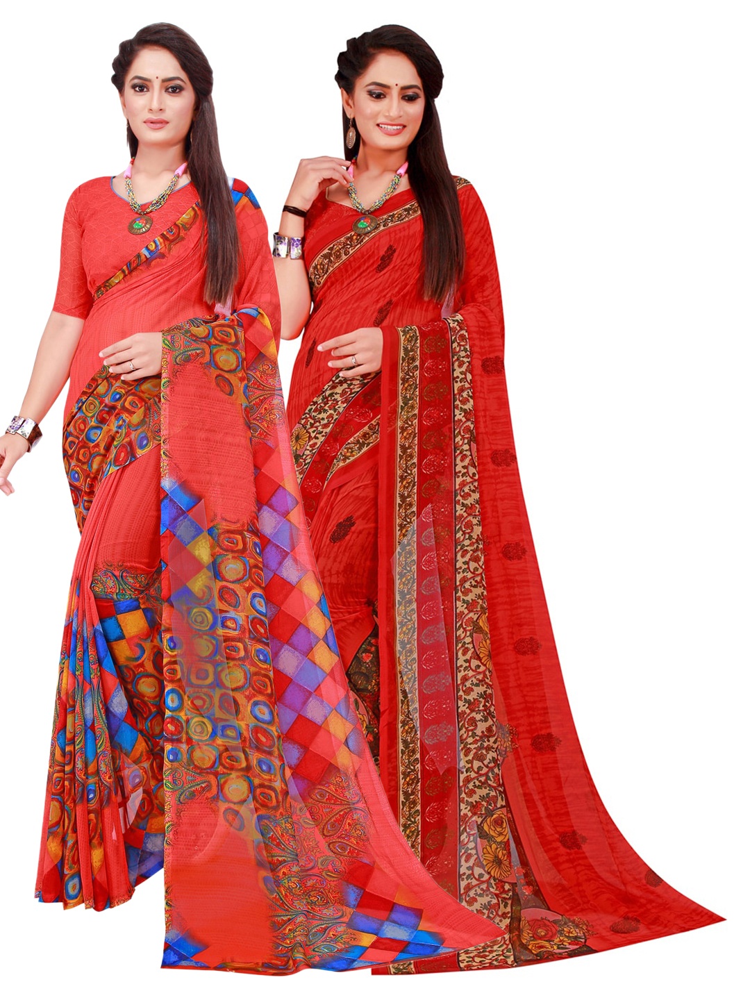 

SAADHVI Red & Pink Set Of 2 Pure Georgette Saree