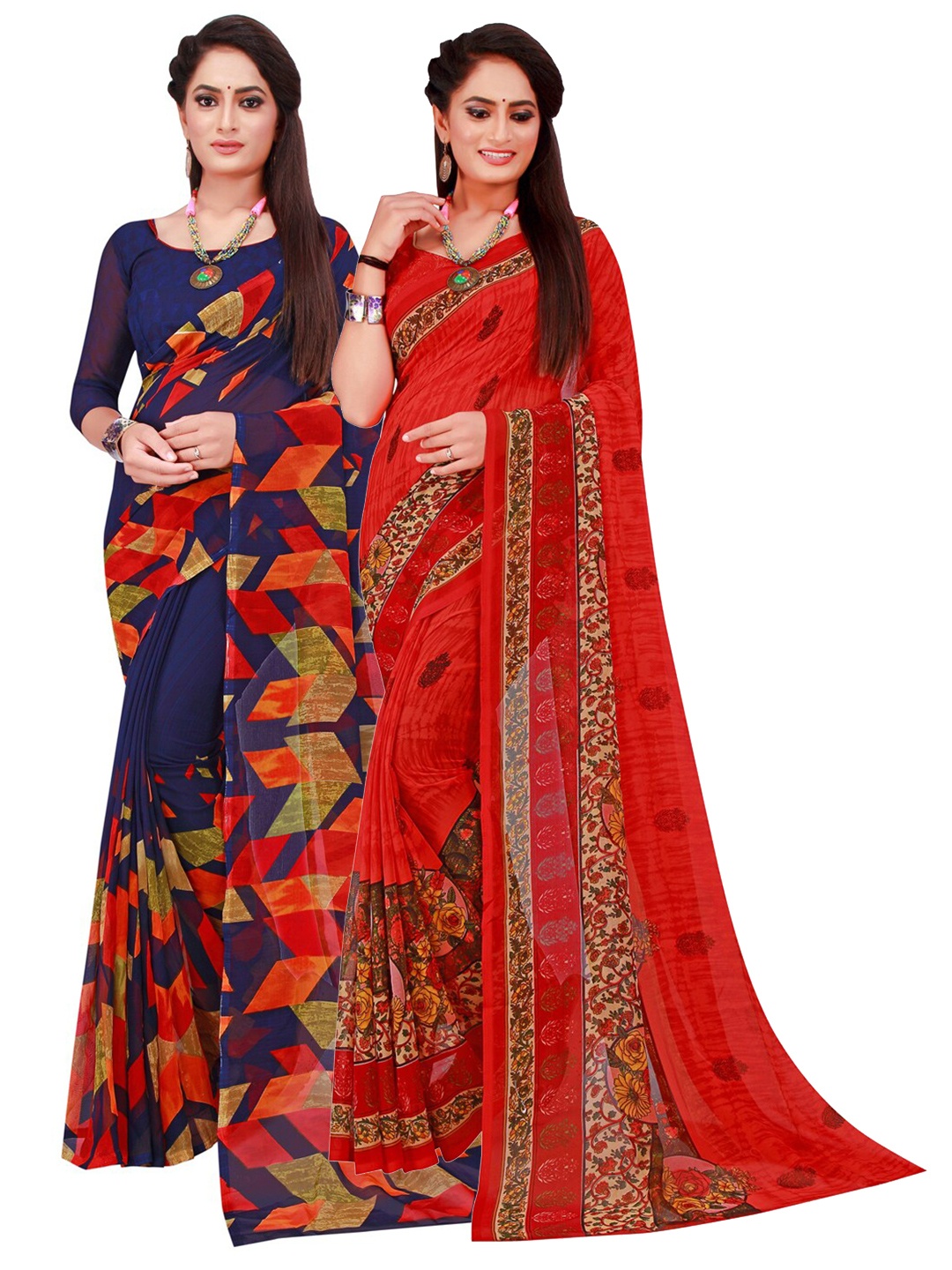 

SAADHVI Navy Blue & Red Set Of 2 Pure Georgette Saree