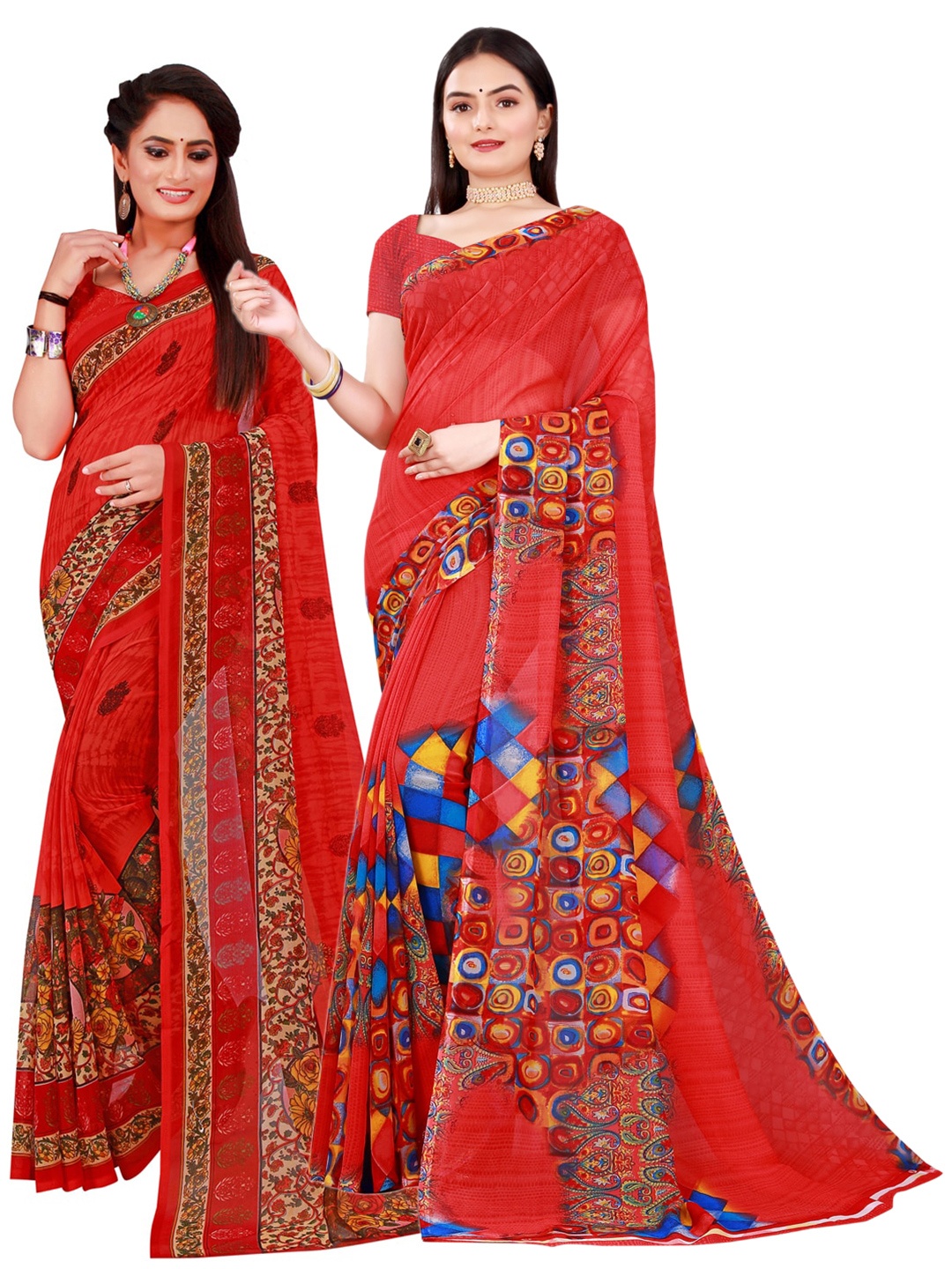 SAADHVI Red & Blue Set Of 2 Pure Georgette Saree