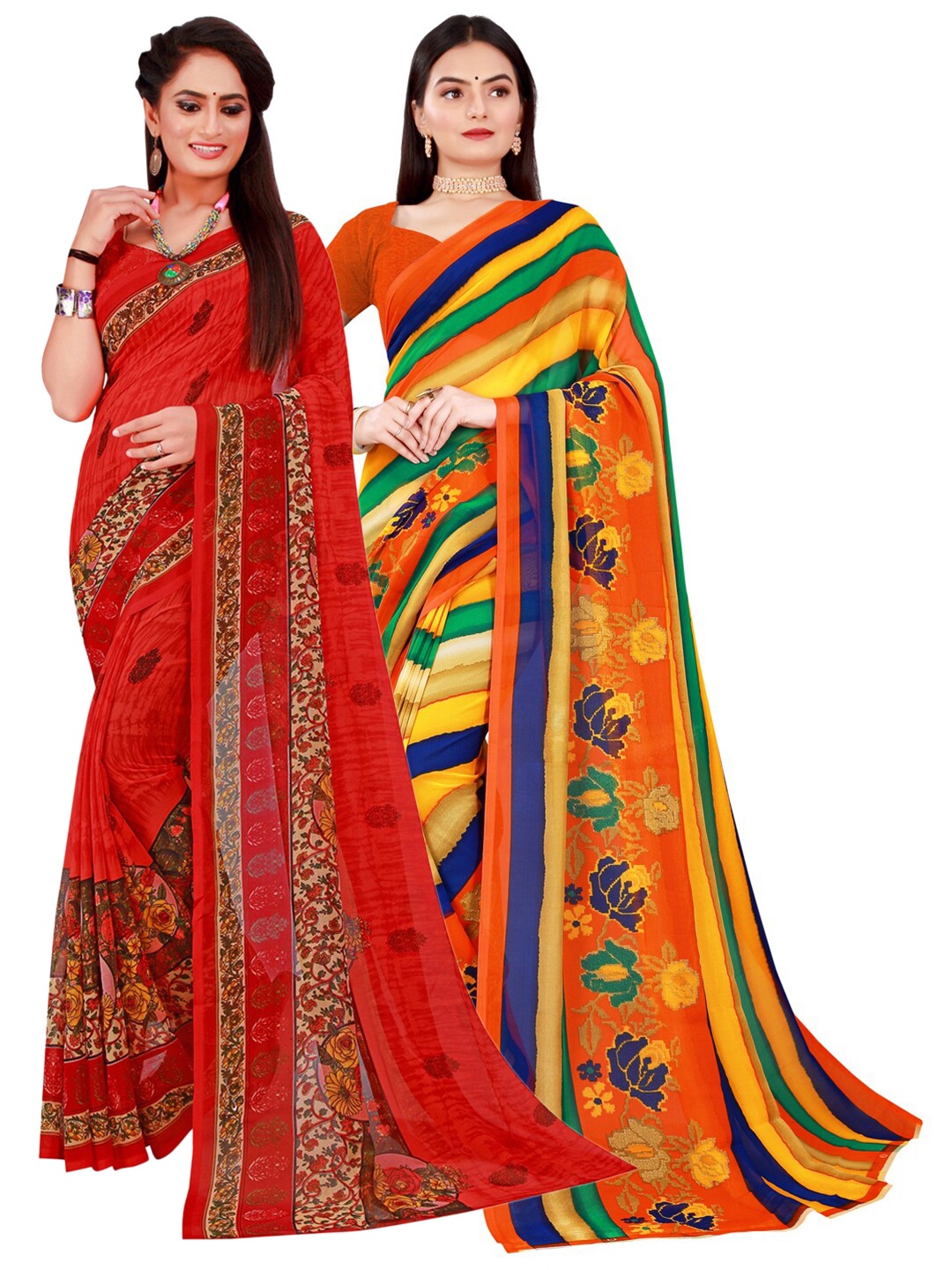 

SAADHVI Yellow & Red Set Of 2 Pure Georgette Saree