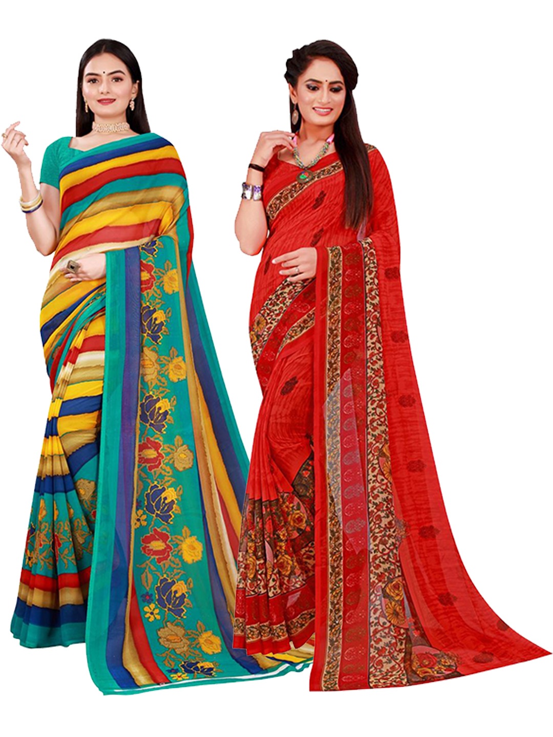 

SAADHVI Yellow & Red Pack of 2 Printed Pure Georgette Saree