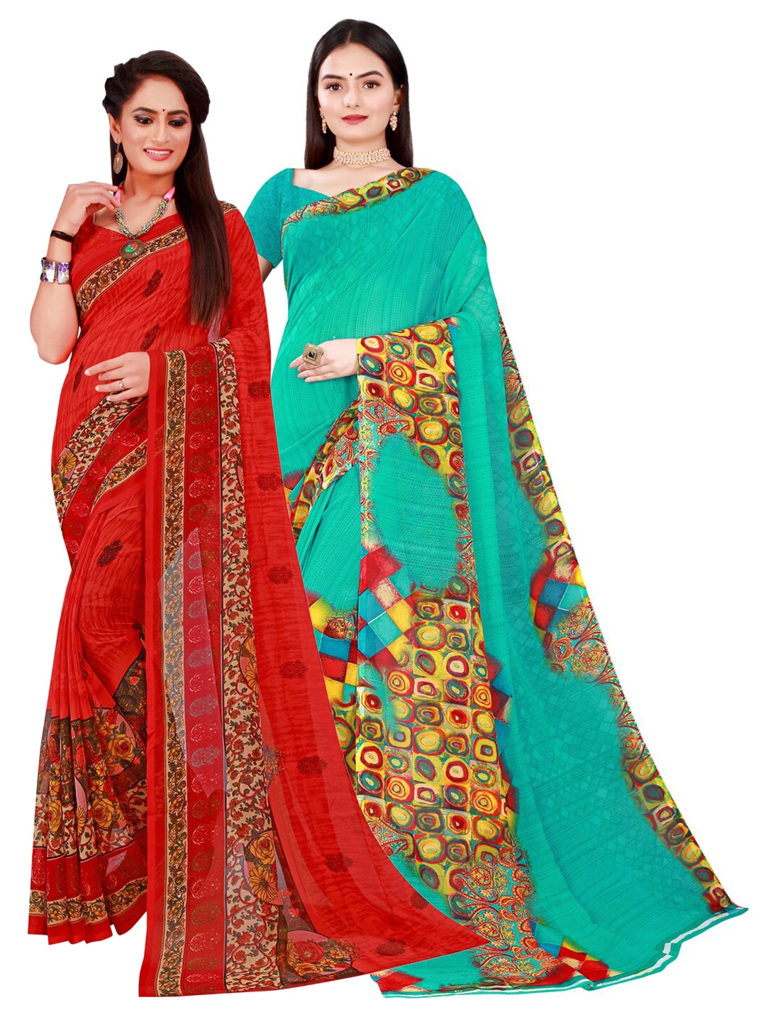 

SAADHVI Red & Green Set Of 2 Pure Georgette Saree