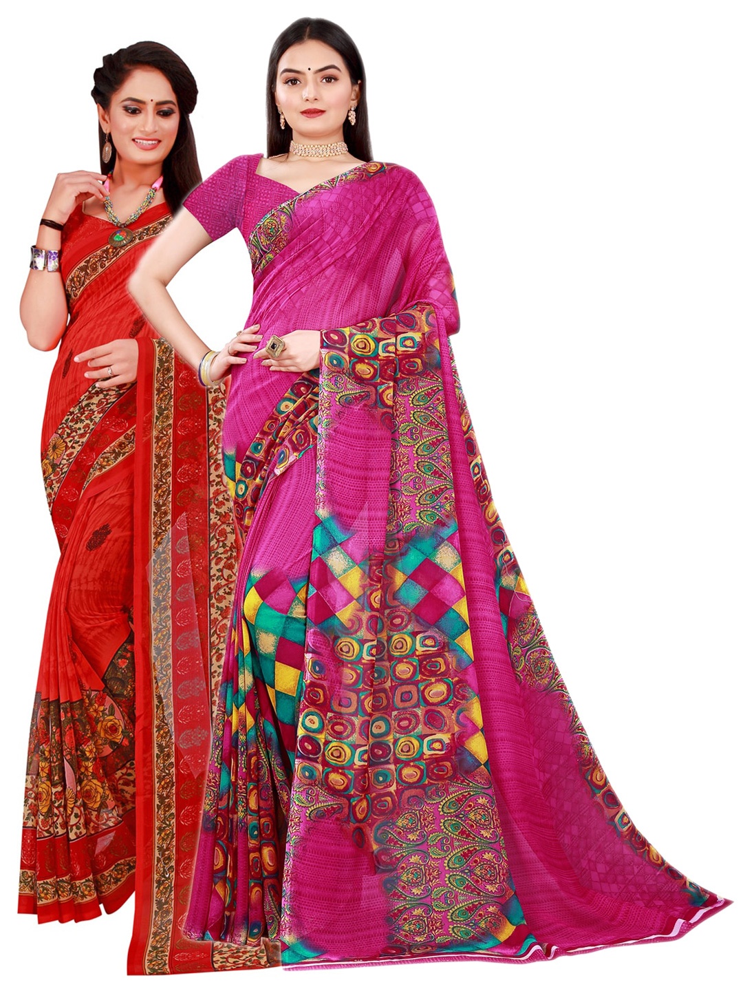 

SAADHVI Magenta & Red Pack of 2 Floral Pure Georgette Saree