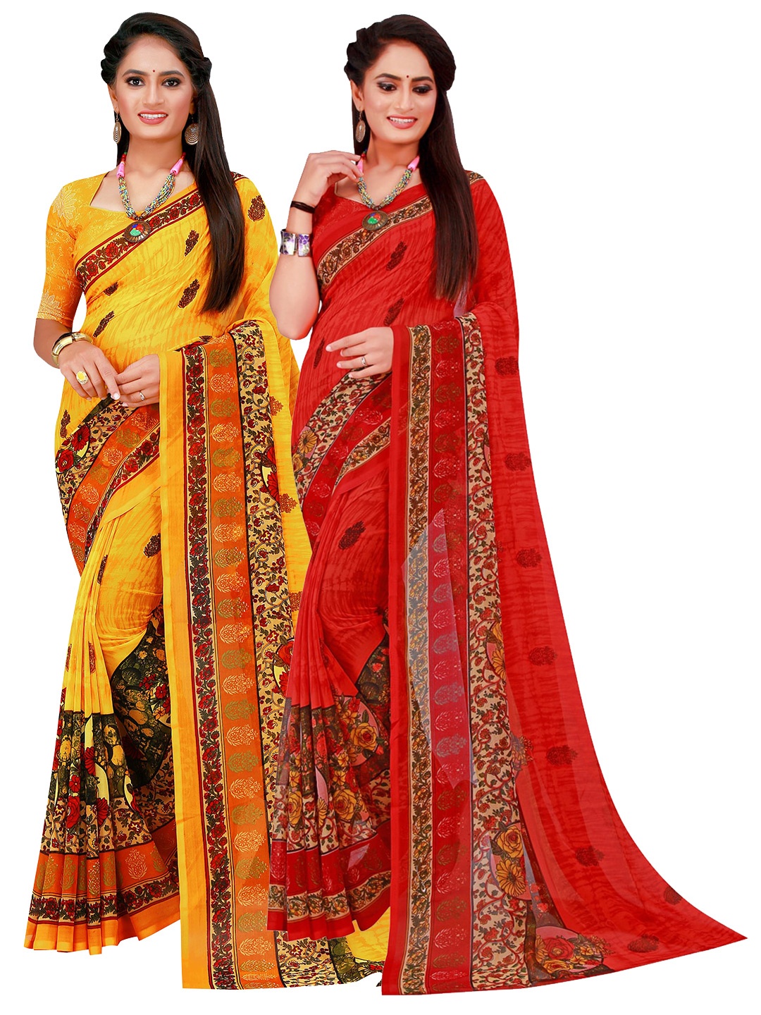 

SAADHVI Pack Of 2 Red & Yellow Pure Georgette Saree