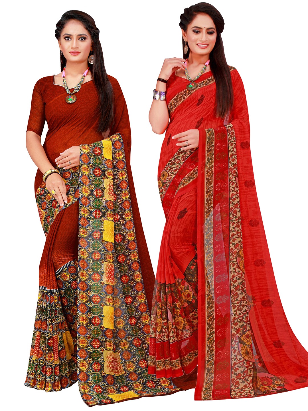 

SAADHVI Red & Grey Set Of 2 Pure Georgette Saree
