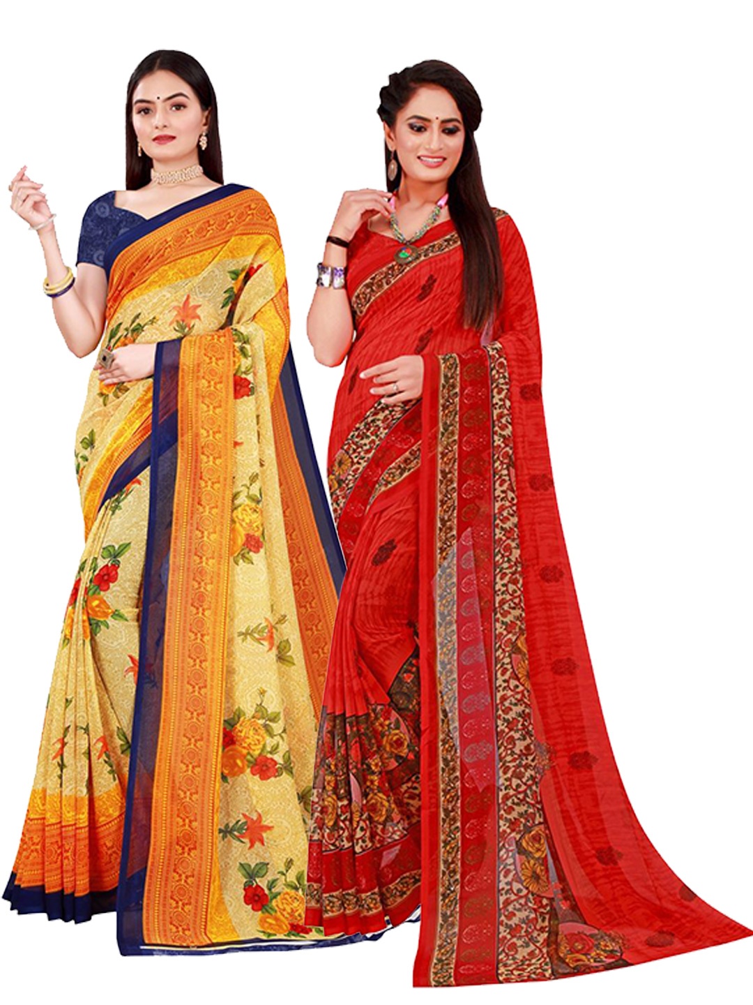 

SAADHVI Beige & Red Set Of 2 Pure Georgette Saree
