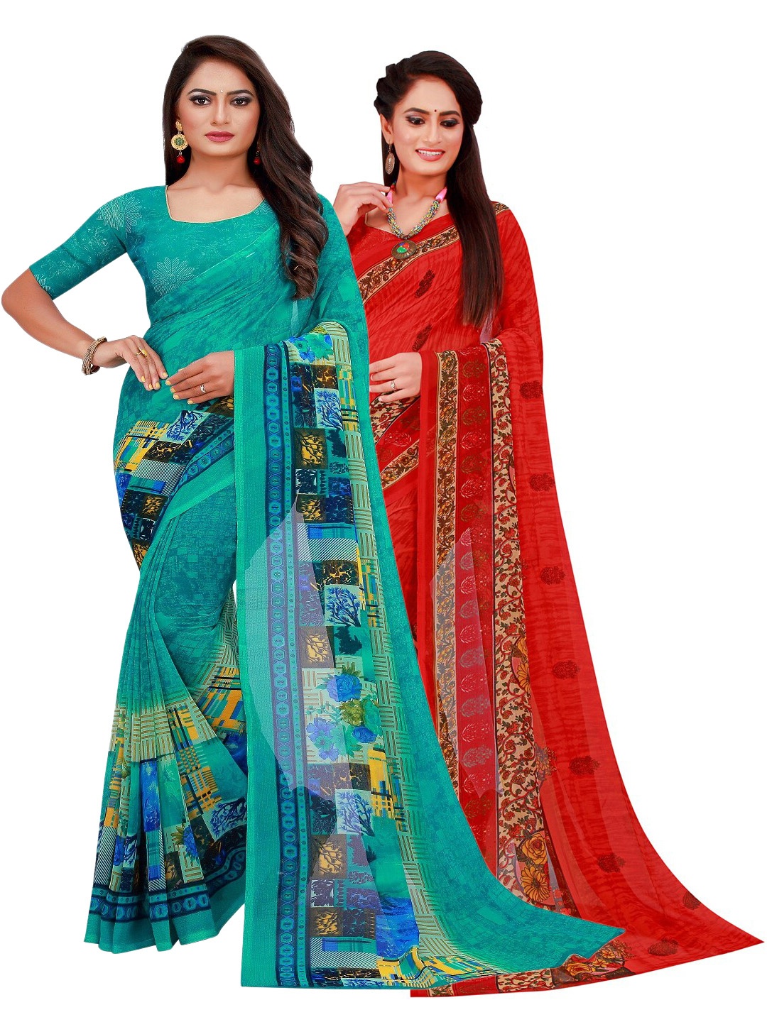 

SAADHVI Turquoise Blue & Red Pack of 2 Floral Pure Georgette Saree