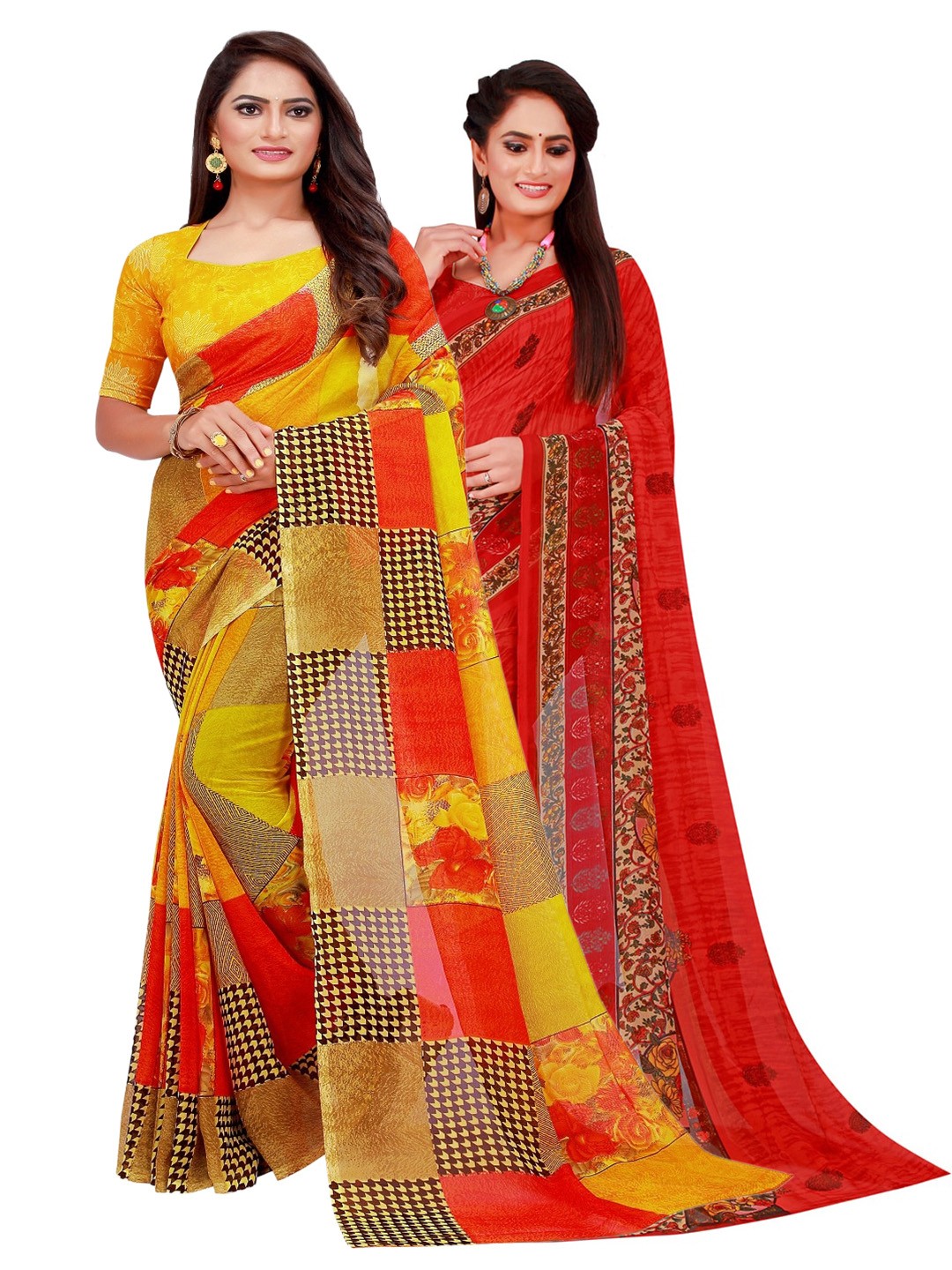 

SAADHVI Red & Yellow Pure Pack Of 2 Pure Georgette Sarees