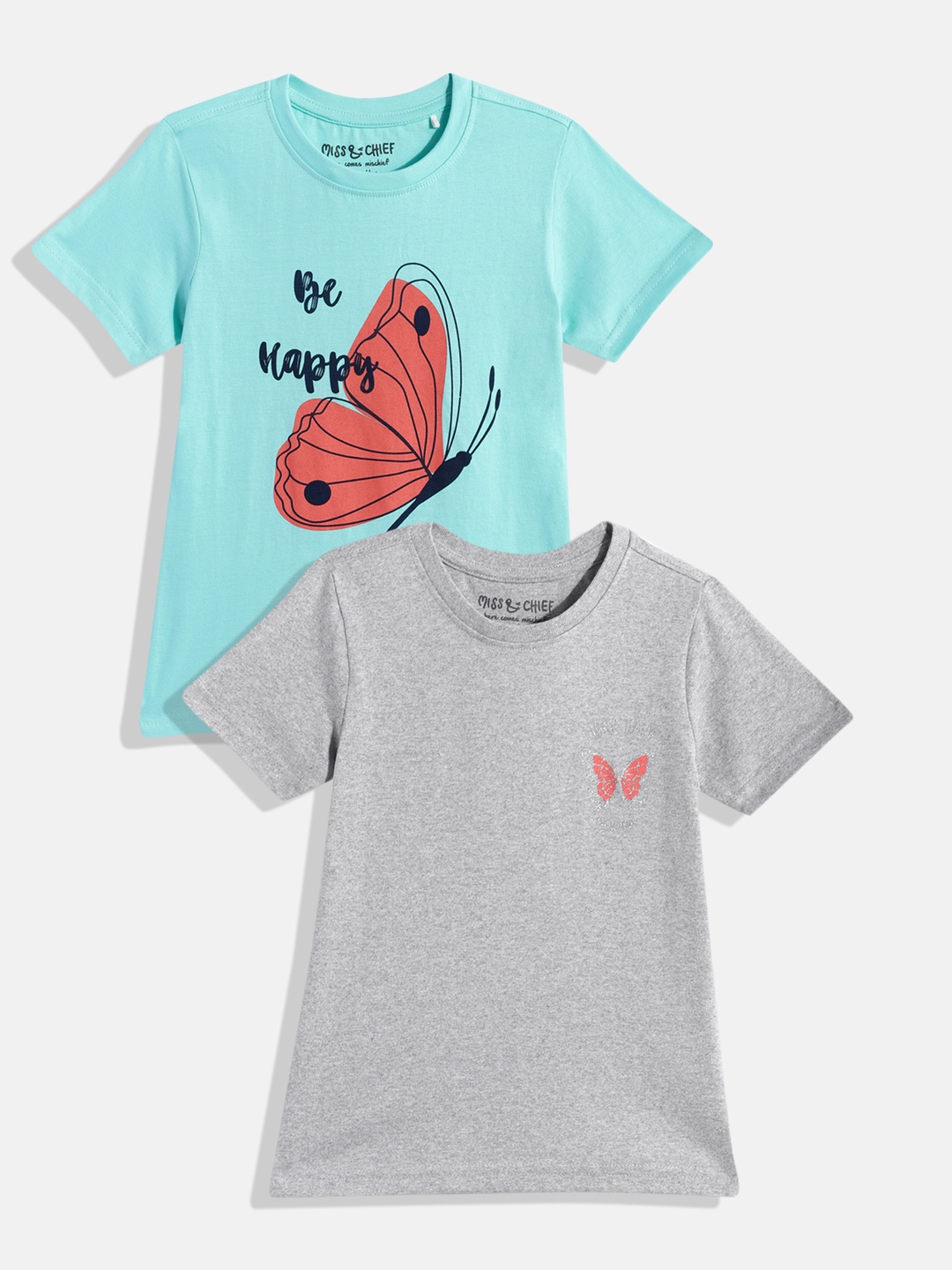 

Miss & Chief Girls Pack of 2 Printed Pure Cotton T-shirts, Grey