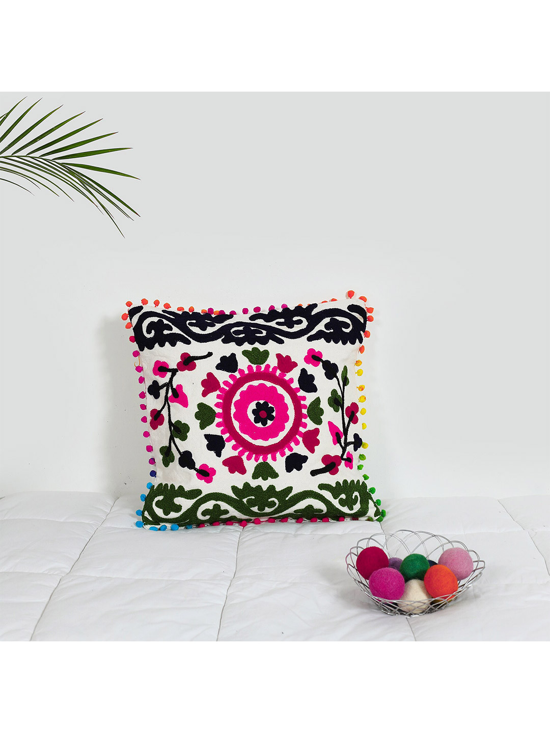 

HANDICRAFT PALACE White & Green Embroidered Square Cotton Cushion Covers